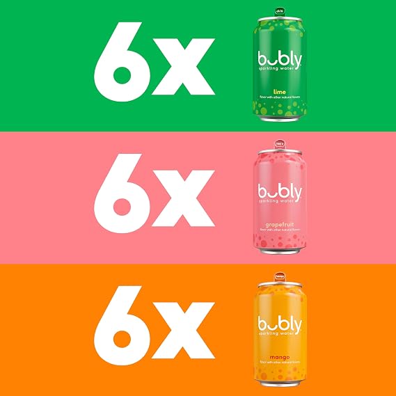 bubly Sparkling Water, Tropical Thrill 3 Flavor Variety Pack (Lime, Grapefruit, Mango), Zero Sugar & Zero Calories, Seltzer Water, 12 Fl oz Cans (Pack of 18)