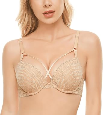 Deyllo Womens Push Up Strappy Lace Underwire Padded Bra Add One Cup