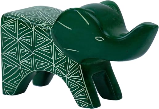Global Crafts Large Soapstone Happy Elephant 4.5 inches - Elephant Figurine - Green Polished