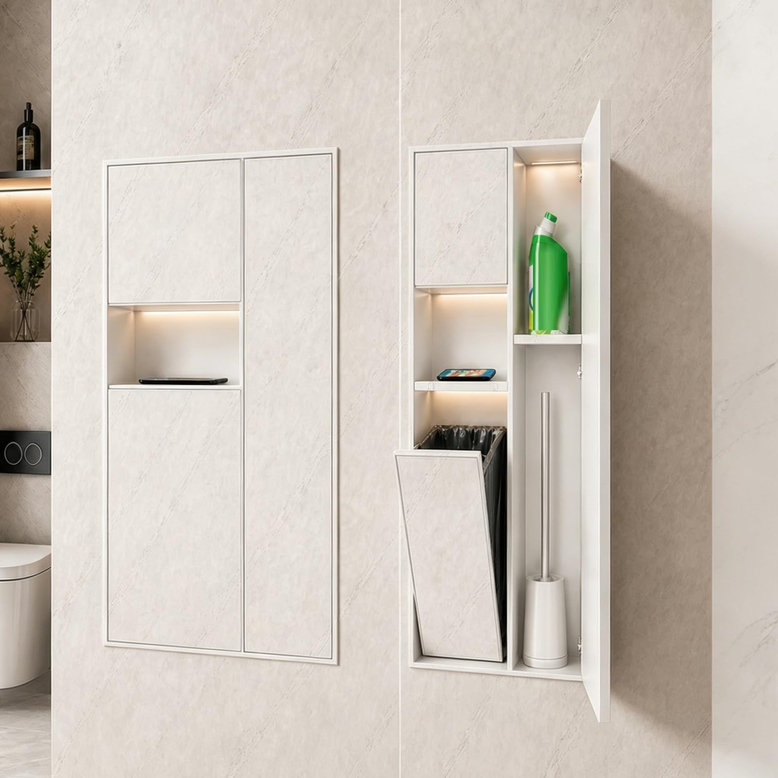 Podtynkowy organizer ścienny ze stali nierdzewnej 304 z ukrytym koszem na śmieci i uchwytem na szczotkę toaletową, do montażu na ścianie w łazience (70,7 x 44,2 x 14 cm / 27.8 * 17.4 * 5.5in)
