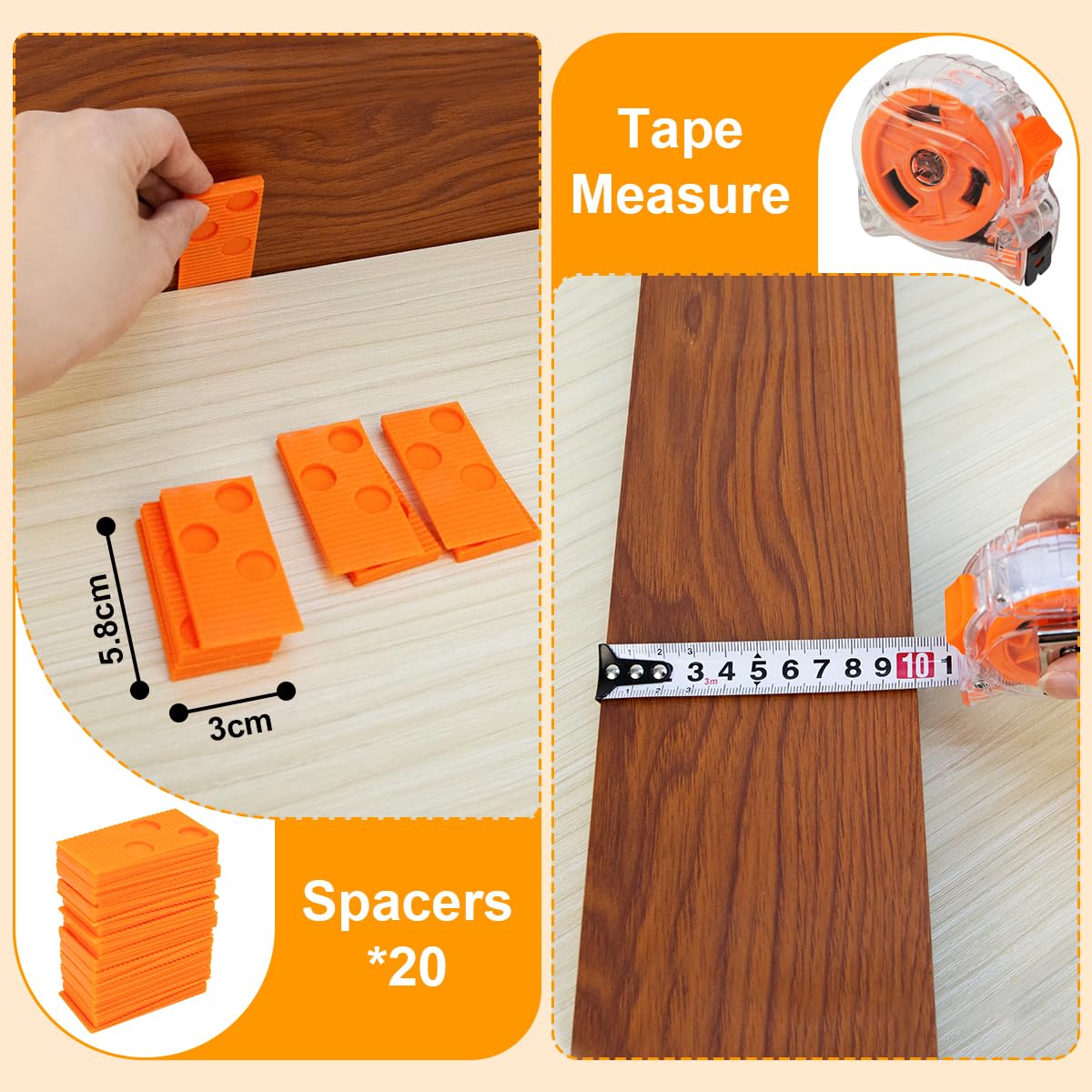 Herramientas de suelo laminado, kit de instalación de suelos de madera de 35 piezas, kit de suelo laminado con espaciadores de suelo, mazo de goma, bloque de roscado de goma, espaciadores y cinta