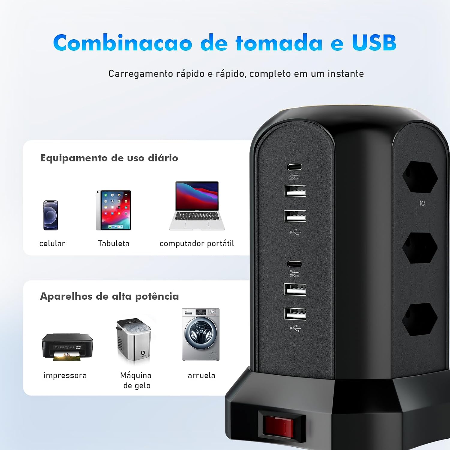 Filtro de Linha, Extensao Eletrica, Extensão Tomada, Torre de Tomada, Regua, Extensao Eletrica, 9 Tomadas, 4 Interfaces USB, 2 Porta USB Tipo-C, Suporte a Tensão de 110-220V, Potência de 2500W, Preto