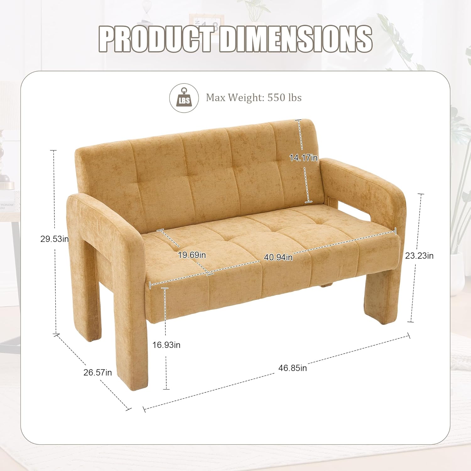 47'' Modern Loveseat, Comfortable Small Couch for Two with Chenille Fabric, Minimalist Accent Chair for Bedroom, Office, Entryway, Dorm (Mustard Yellow)