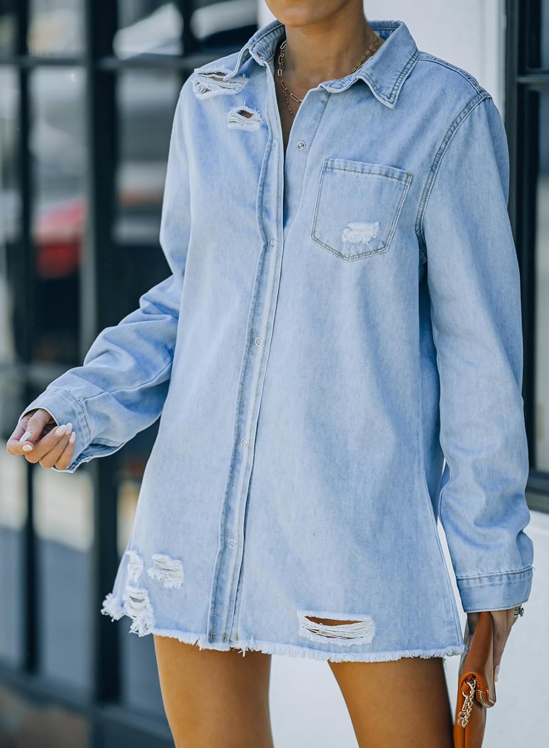 Dokotoo Women’s Oversized Denim Jacket Casual Long Sleeve Denim Shirts Distresse Jean Jacket Fall Outfits 2025