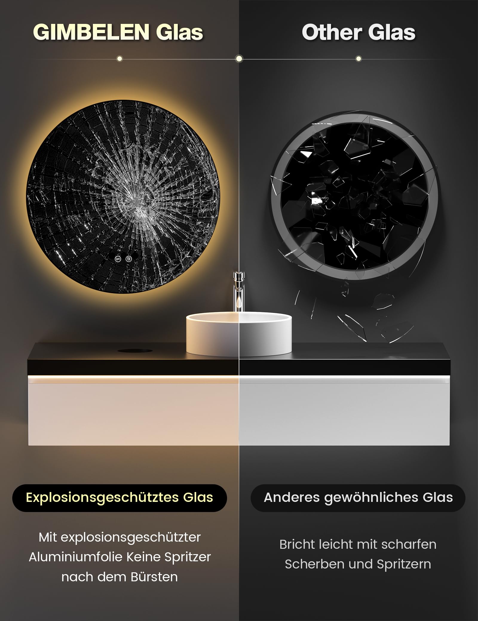 Badezimmerspiegel mit Beleuchtung, 60 cm Runder Badspiegel mit Beleuchtung, 3 Lichtfarben, Dimmbar, Touch-Schalter, Speicherfunktion, Energiesparend, LED Spiegel Bad Wandspiegel mit Licht