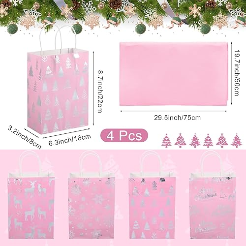 Miniatura 2 de Pasimy 24 bolsas de regalo de Navidad rosadas con papel de seda, bolsa de papel de regalo de Navidad, bolsa de papel rosa plateado metálico de copo