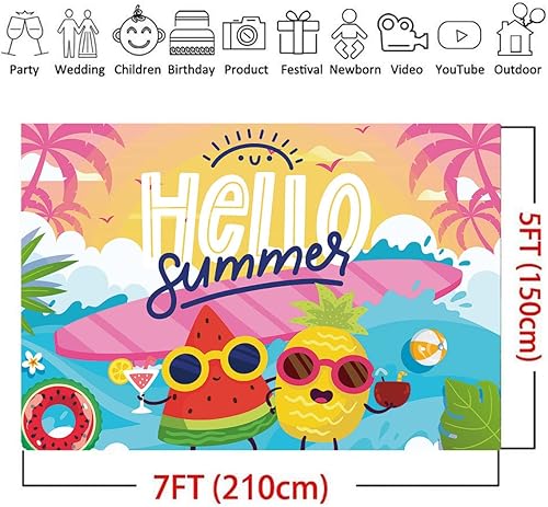 Miniatura 5 de Fondo de fotografía de Hello Summer de 7 x 5 pies, tema de Hawaii, palmera tropical, fruta del océano, dibujos animados, amigos, fiesta de