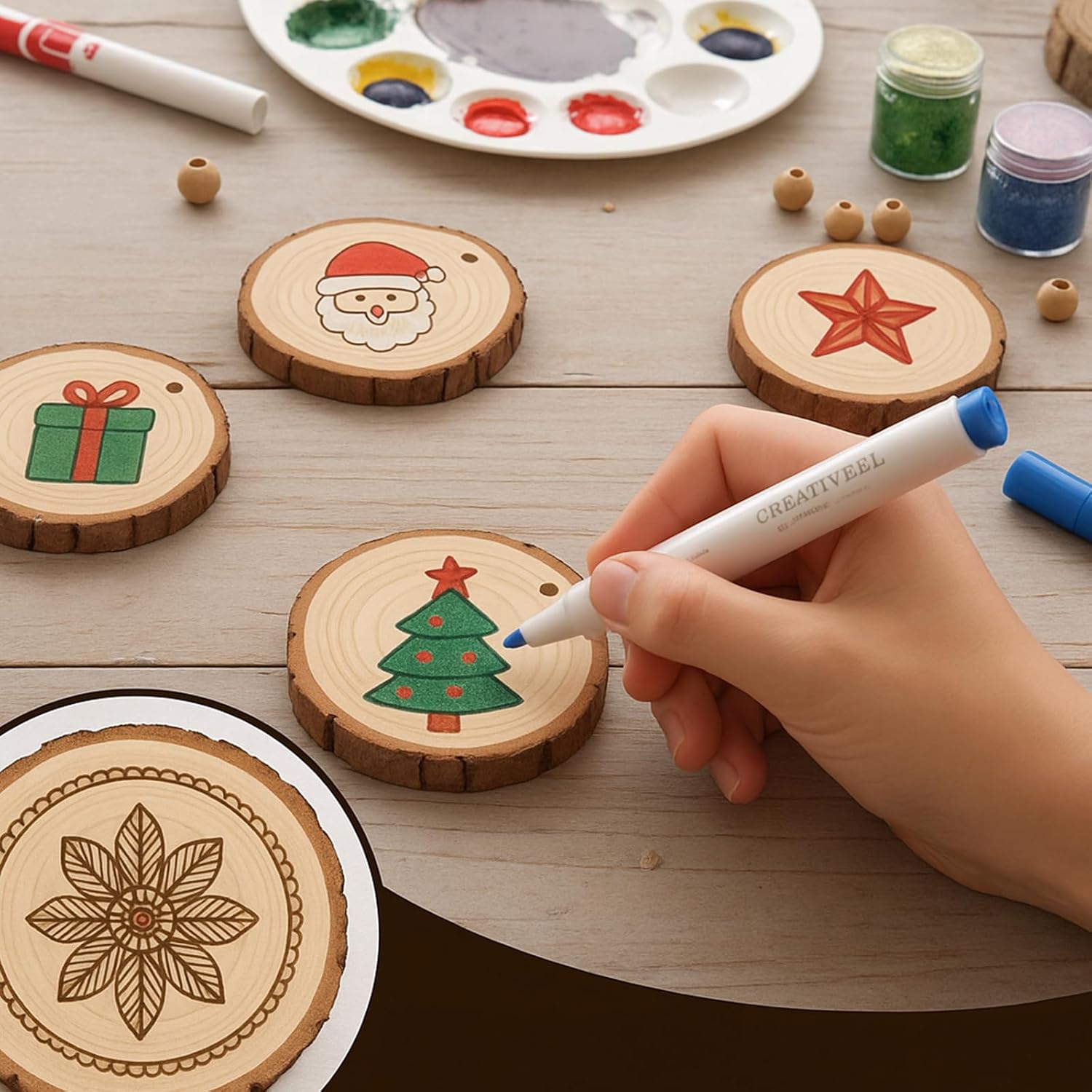 JOHOUSE 40Pcs Wood Slices, 2.9"-3.4" Unfinished Natural Wood Rounds for Crafts, Christmas Ornaments, Home Decor, Painting, Coasters, DIY Gifts, Party Wedding Decor, with Pre-drilled Hole - Image 2