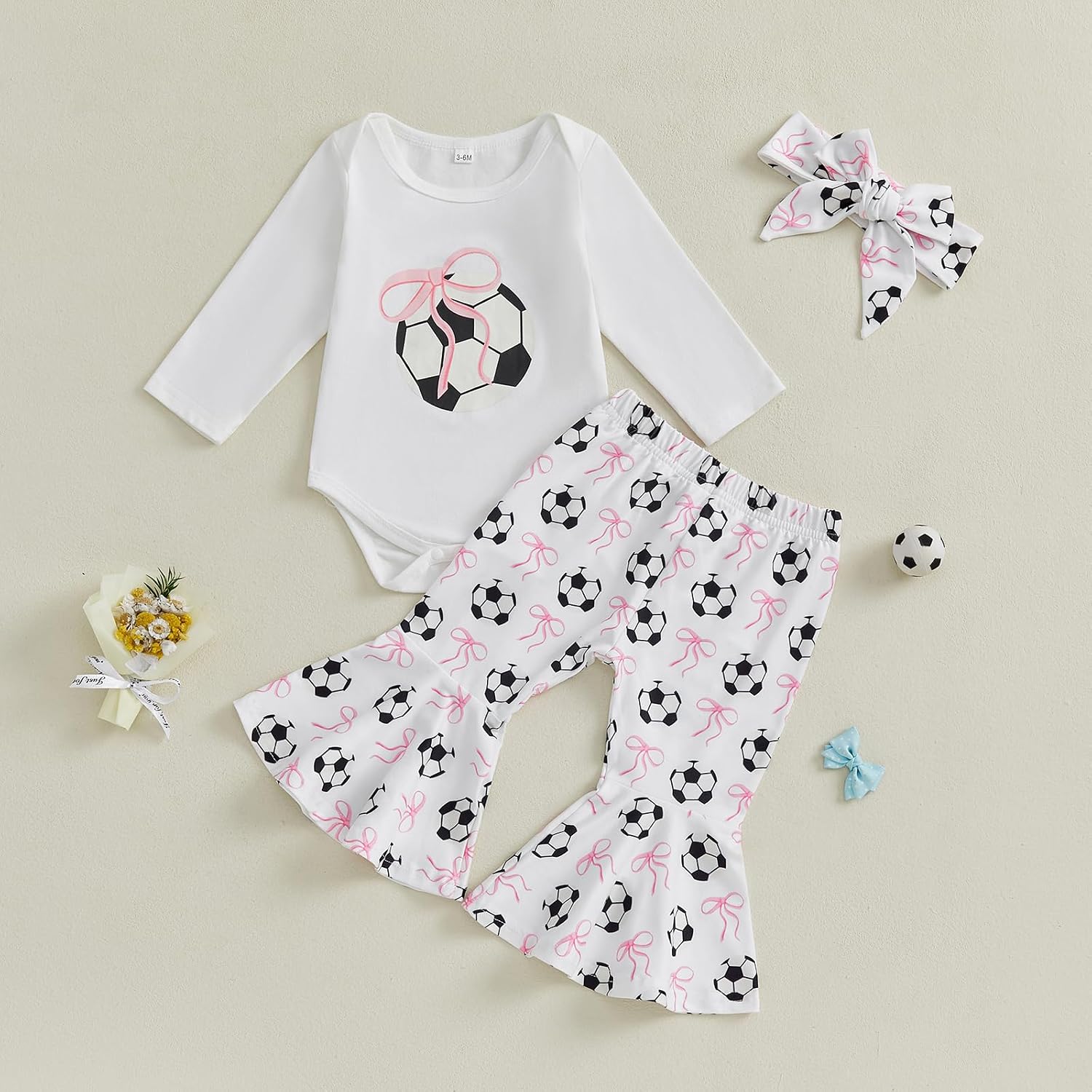 Newborn Baby Girl Soccer Outfit Soccer Bow Short Sleeve Bubble Romper Bell Bottom Pants Headband Set Summer Clothes