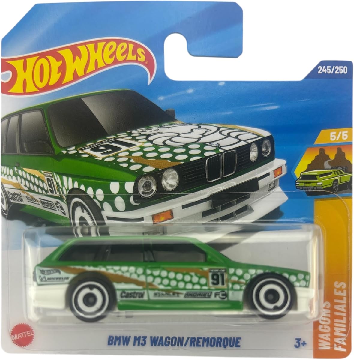 Hot Wheels - BMW M3 Wagon - HW Wagons 5/5 - JBB48 - Tarjeta corta - Stanley - Castrol - Michelin - Verde - Mattel 2025 - Modelo BMW con licencia - 1:64