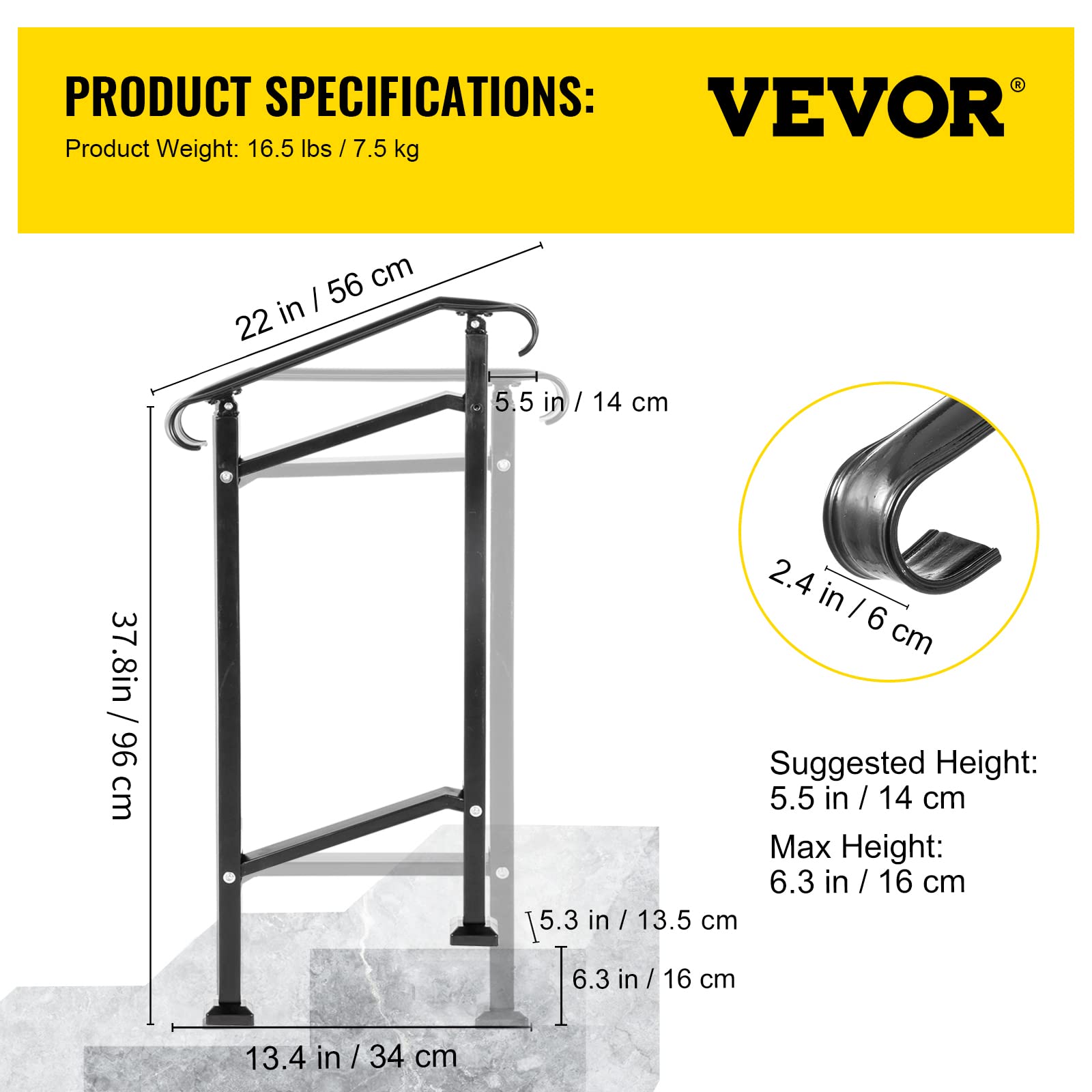 VEVOR Corrimano per Scale Gradino Esterno a Terra, Dimensioni 50x13,5x108 cm per Ringhiera in Ferro Battuto Nero Passaggi da 1, Corrimano di Sicurezza Uso in Corridoio Giardino Balcone Portico