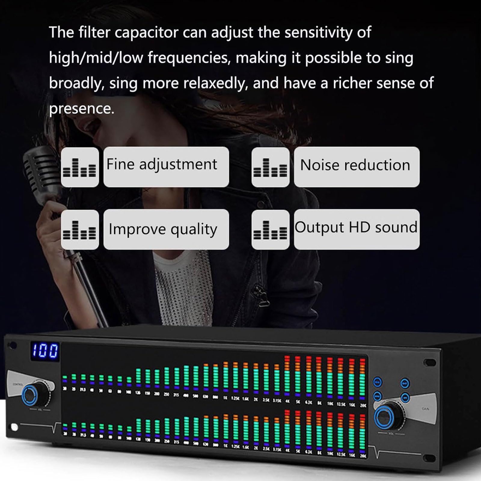 Ecualizador Gráfico Hi-Fi, Ecualizador Digital LED Doble De 31 Bandas con Reducción De Ruido, Carcasa Metálica, Memoria para 10 Preajustes, Ideal para Presentaciones En Escenario