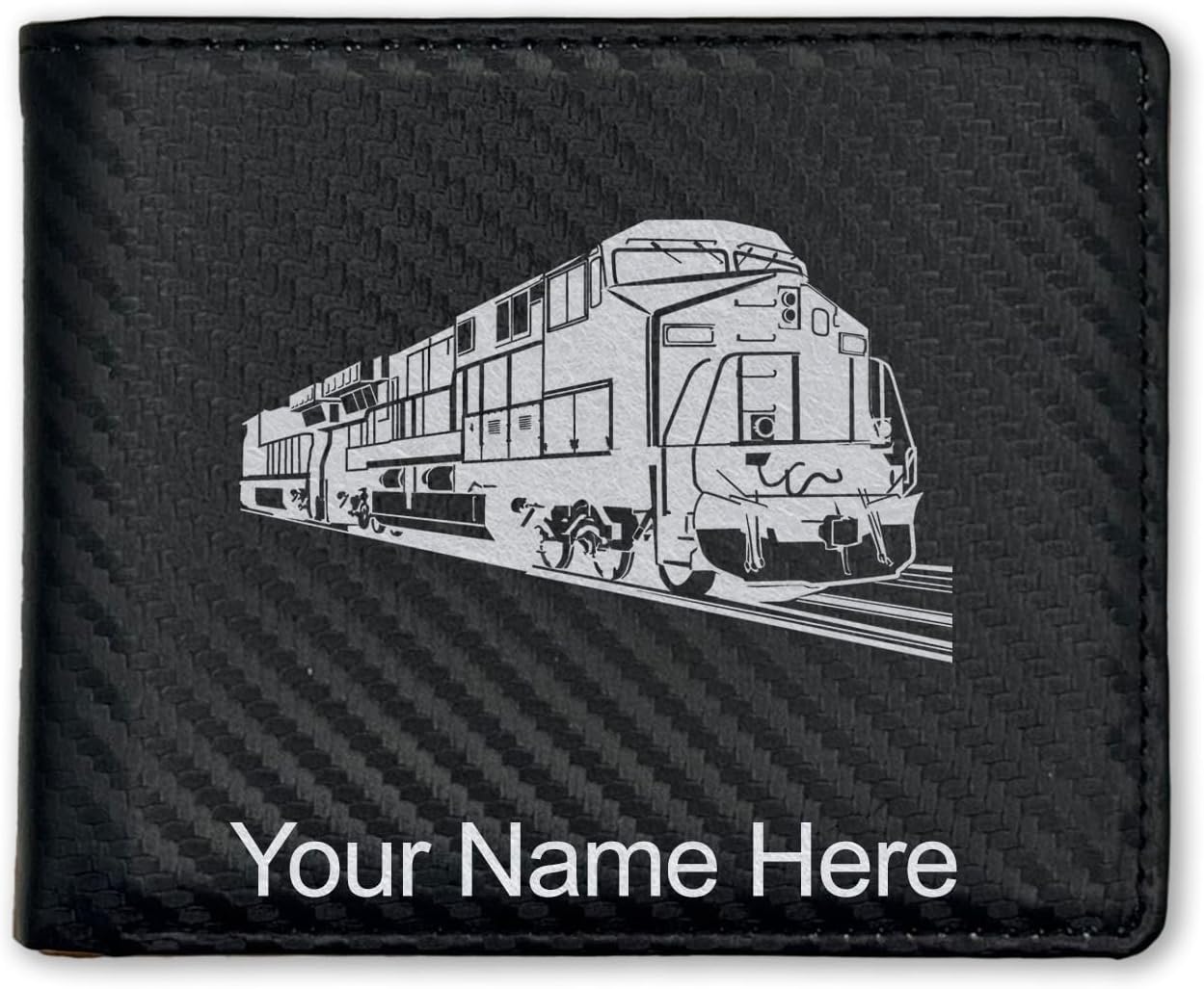 LaserGram Faux Leather Bi-Fold Wallet, Freight Train, Personalized Engraving Included (Carbon Fiber Black with Silver)