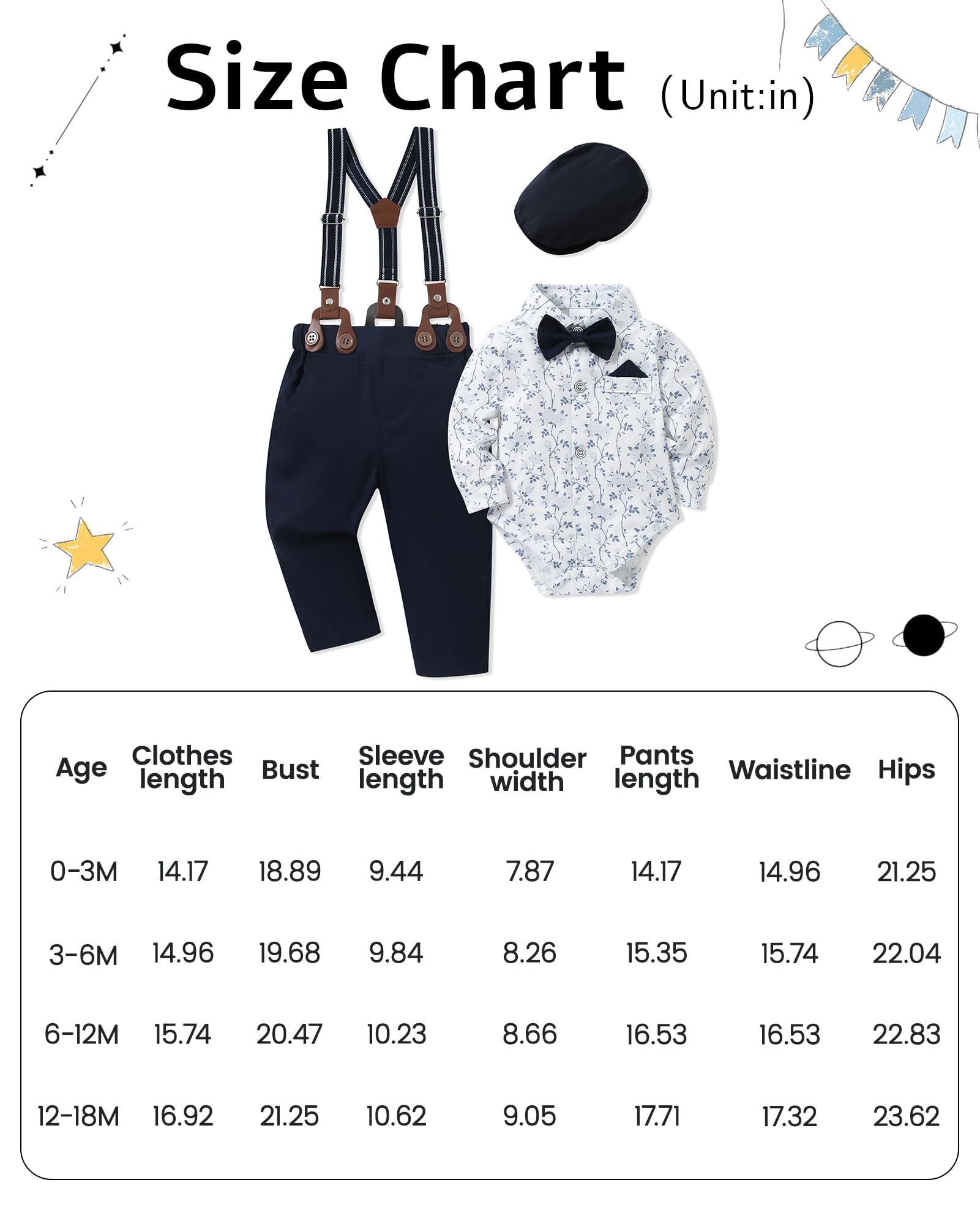 WESIDOM Conjunto de ropa para bebé niño de 0 a 18 meses, camisa, corbatín, boina, pantalones con tirantes, floral, azul marino, 12-18 meses, Floral+azul marino, 12-18 Months