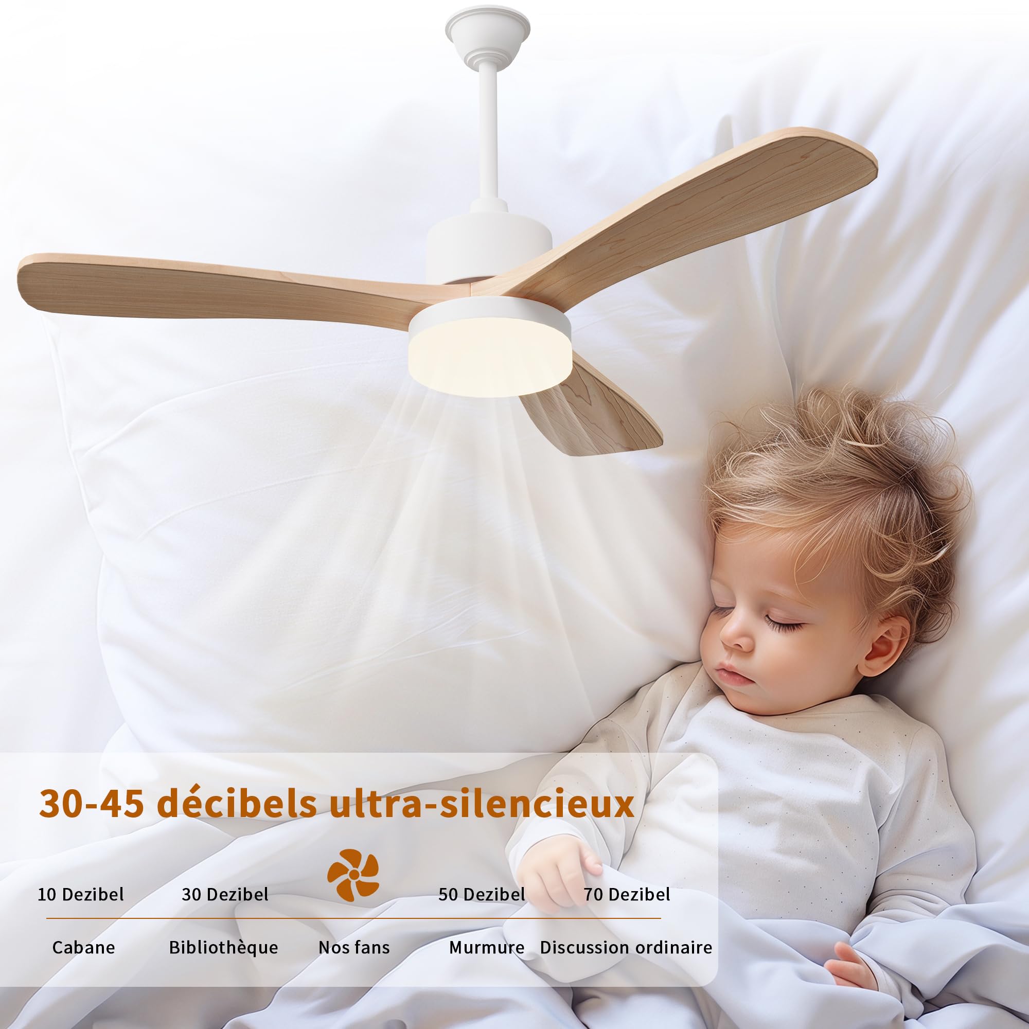 Ventilador de techo con luz y mando a distancia 106 cm, grano de madera