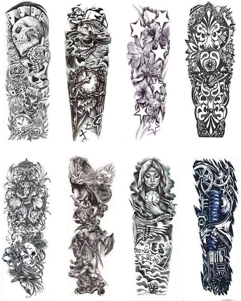 8 Sheets Full Arm Temporary Tattoos, Extra Large Fake Tattoos For Men and Women, Waterproof Body Art Stickers 19"X 6.75"