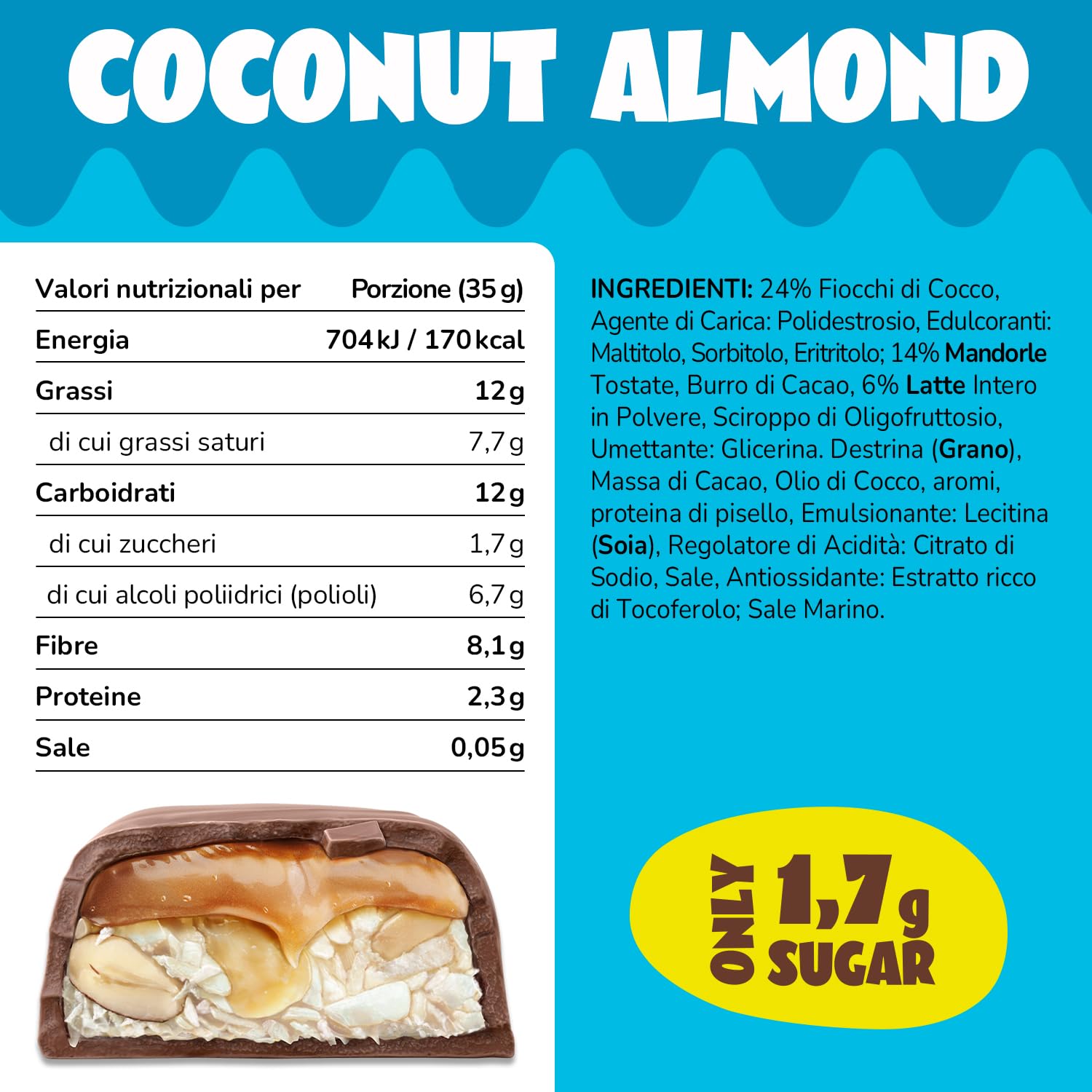 AHEAD Barrette Chetogenica – 18 x 35g – Coconut Almond – senza zucchero – solo 5g di carboidrati netti per pezzo low carb – Keto Bar