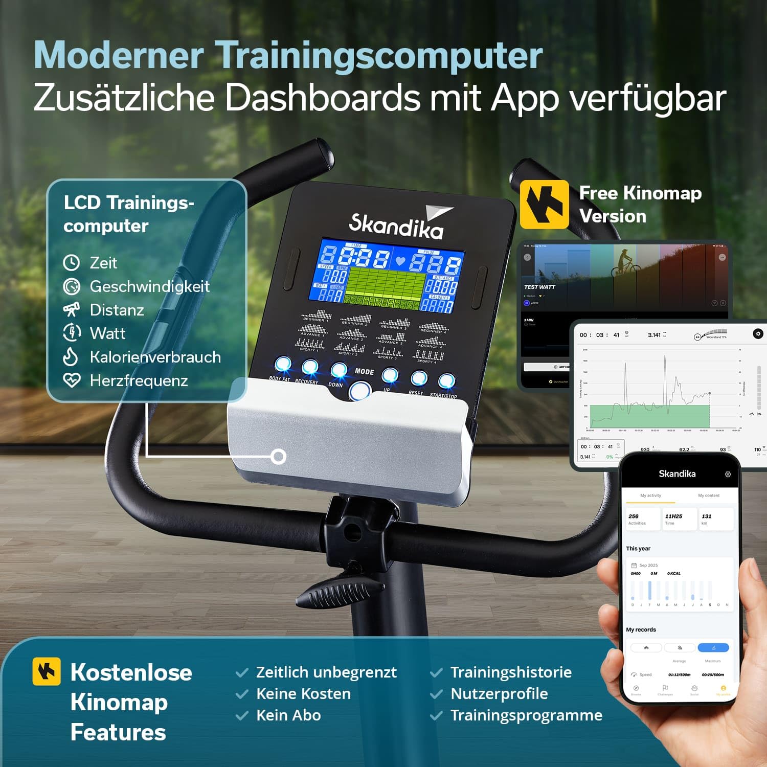 Skandika Ergometr rowerowy Atlantis | rower treningowy ze sterowaniem za pomocą aplikacji (mapa kinowa, iConsole), Bluetooth, 10 kg masy zamachowej, pomiar pulsu i tkanki tłuszczowej, 32 stopnie,