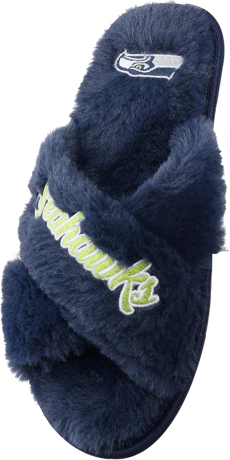 FOCO Womens NFL Team Script Wordmark Fuzzy Cross Slide Slippers - Image 2