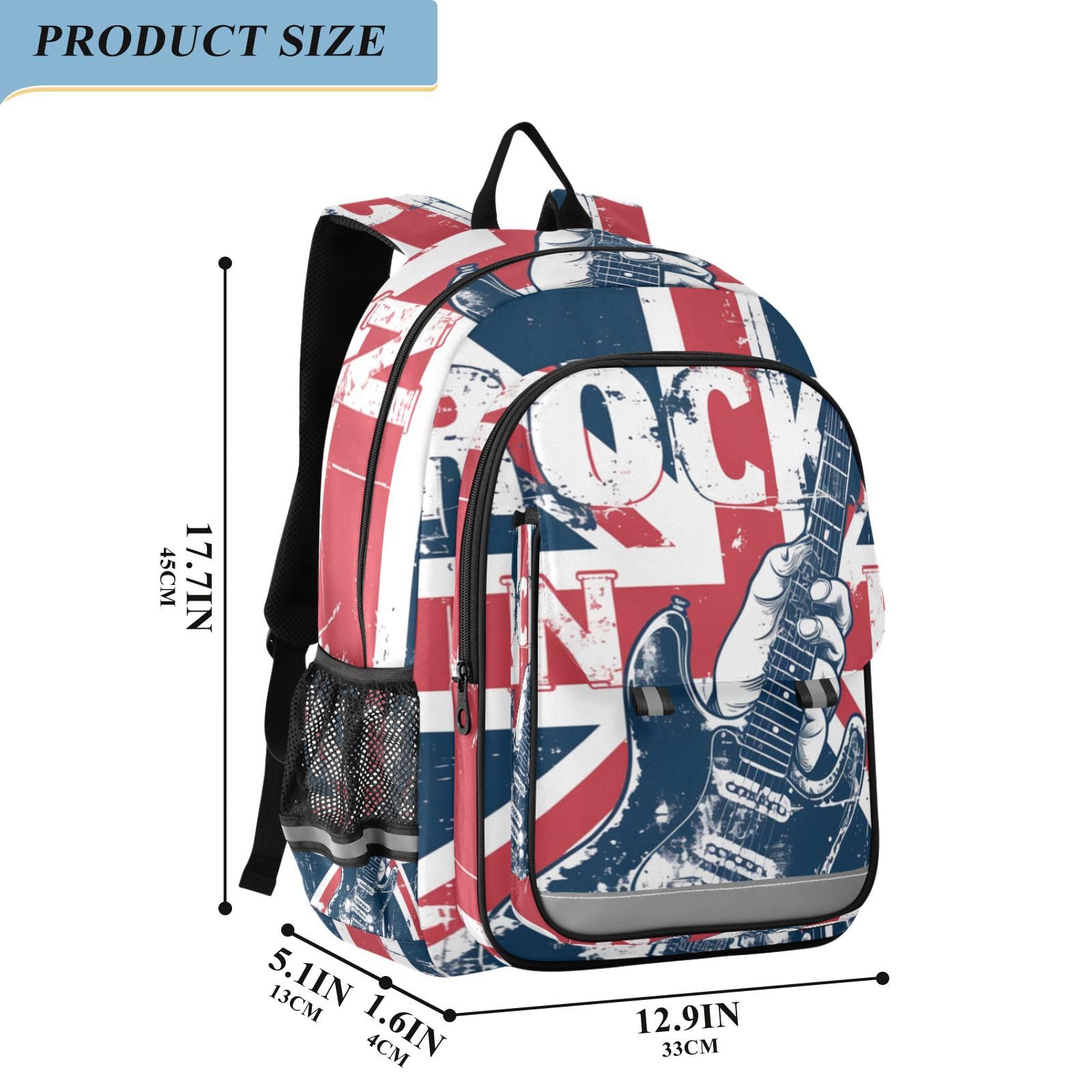 Bandera BritáNica Guitarra MúSica ArtíStica Mochila Escolar para Estudiantes,Mochila para Niños y Adolescentes Ideal para Viajes