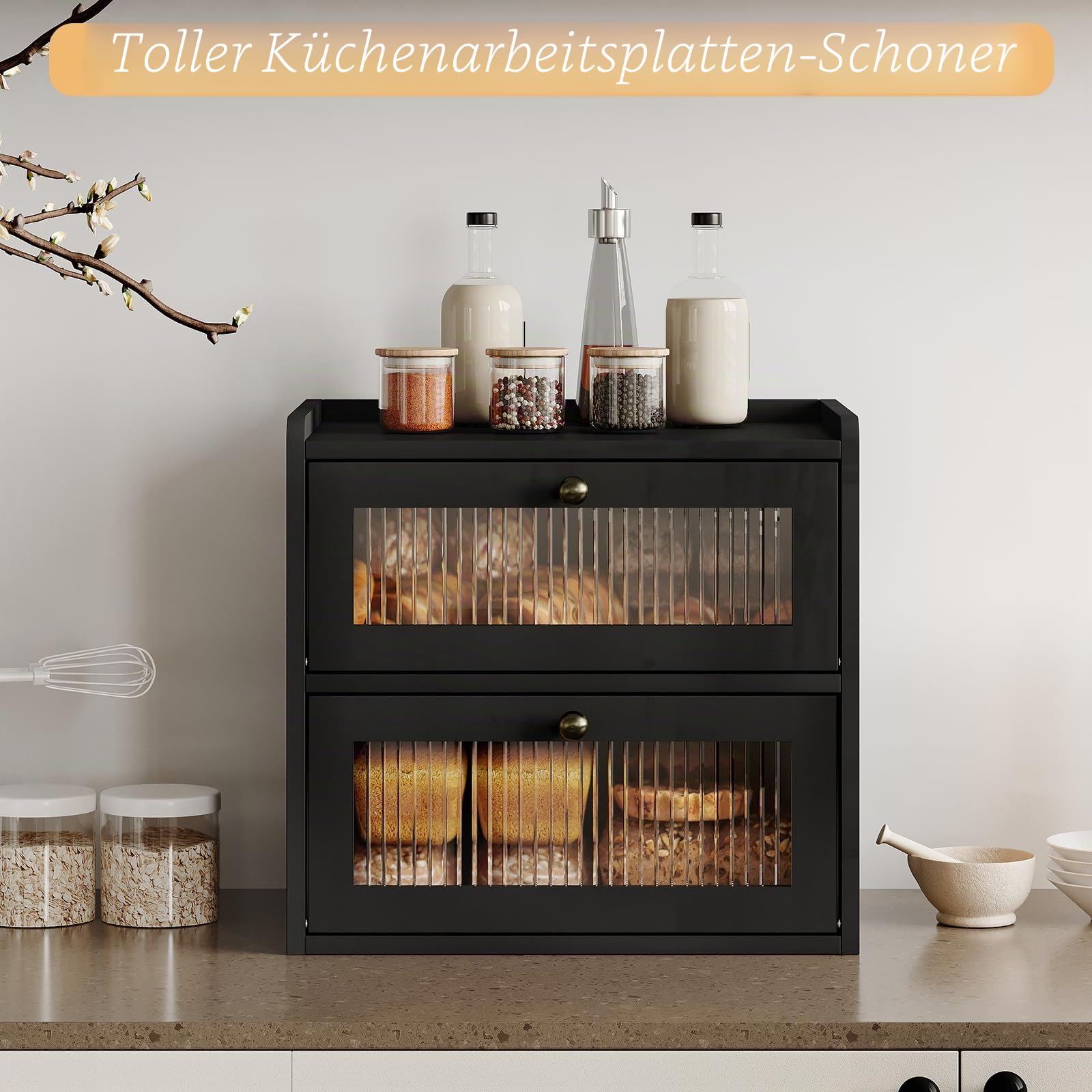 Alpeir Brotkasten Holz, 2 Etagen Groß Brotbox mit Belüftungsloch, Längere Frische & Einfache Pflege, Küche Aufbewahrung Behälter für Snack Knäckebrot Obst, 36,7B x 23,9T x 34,4H cm, Schwarz