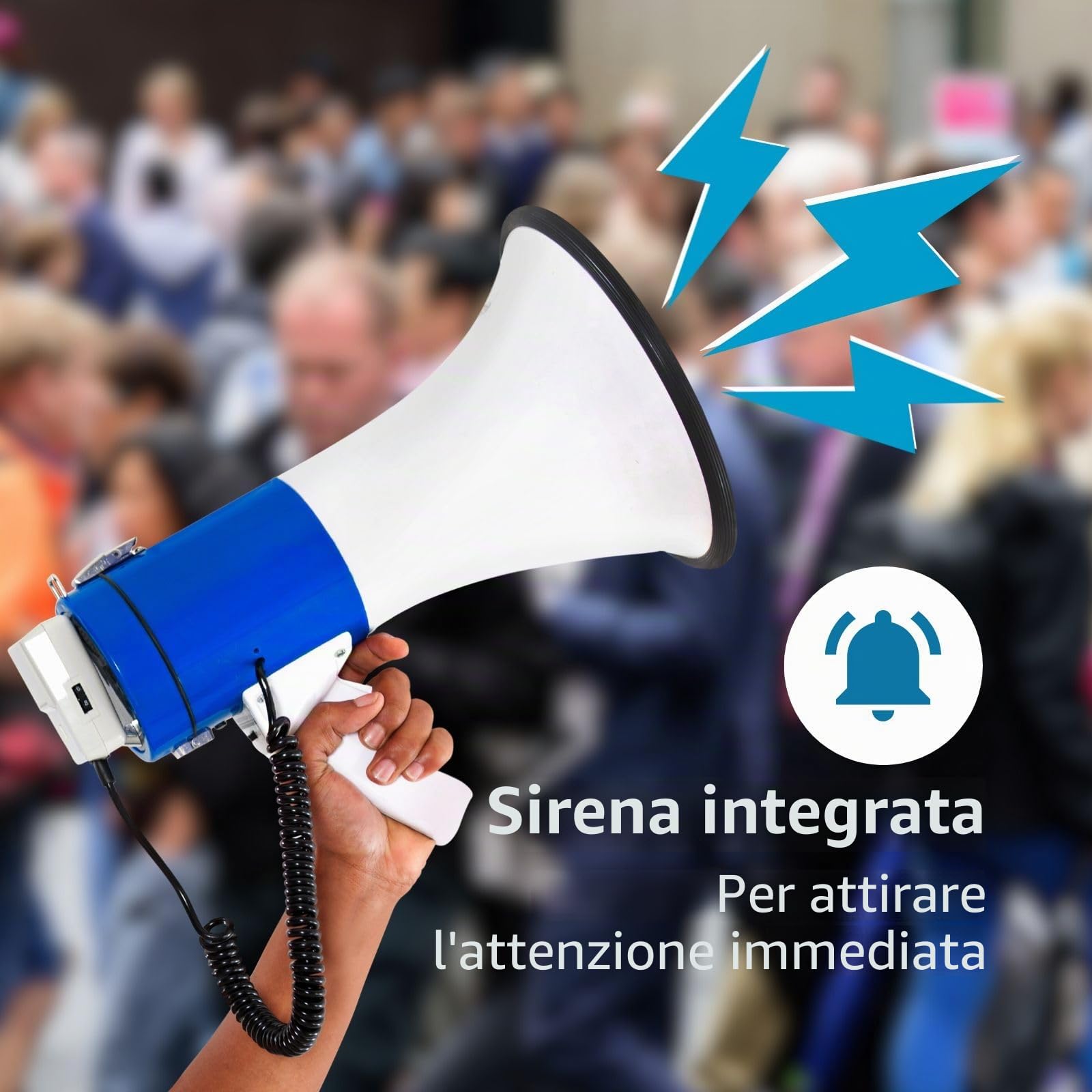 Nedis - Megafono - Microfono Staccabile - Sirena Integrata - 25 W - Tracolla - Volume Regolabile - Megafono Portatile - Portata Massima: 1500 m - Volume Massimo: 135 dB - Bianco/Blu
