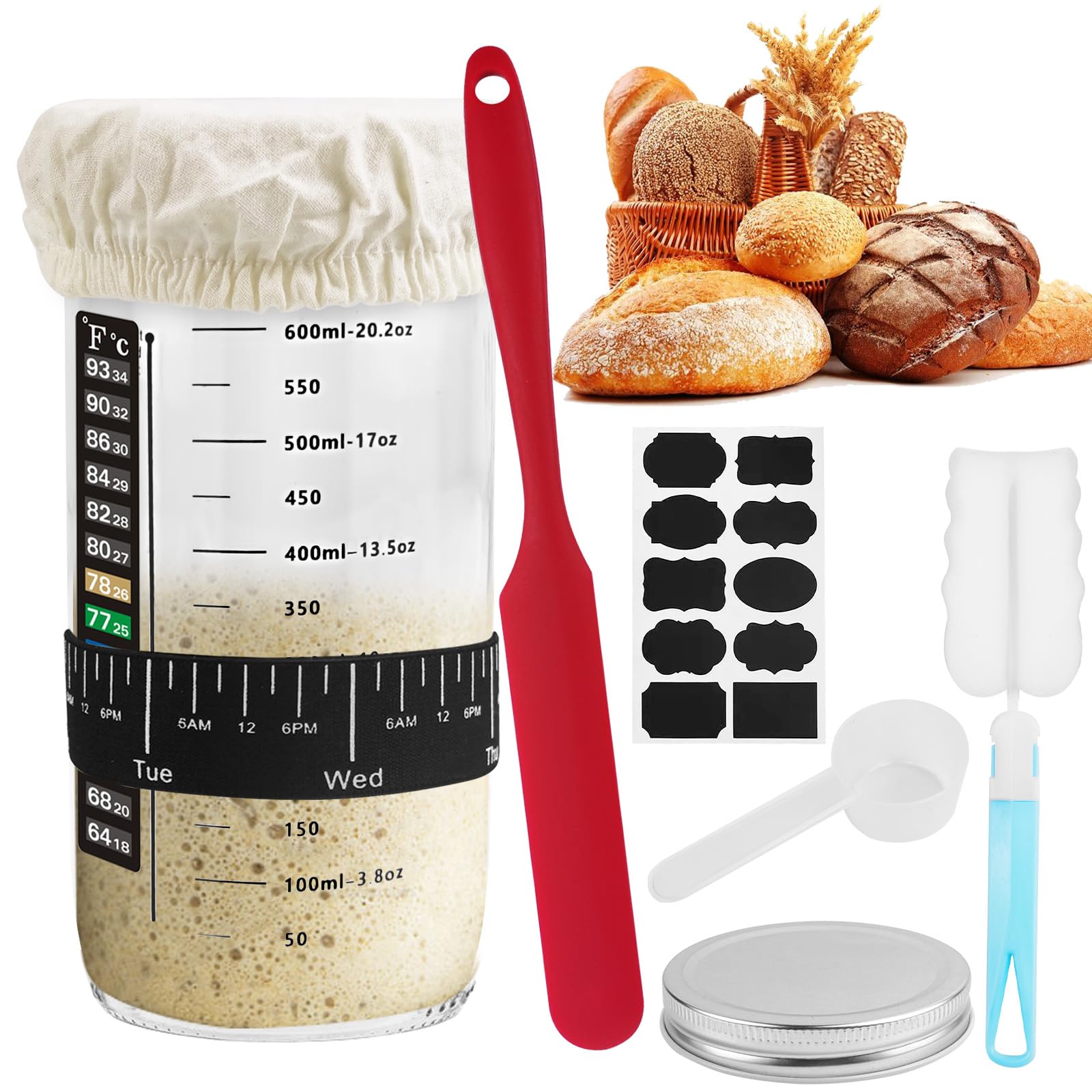 DONQL Kit de Iniciación de Masa Madre 730ML Tarro de Vidrio con Termómetro
