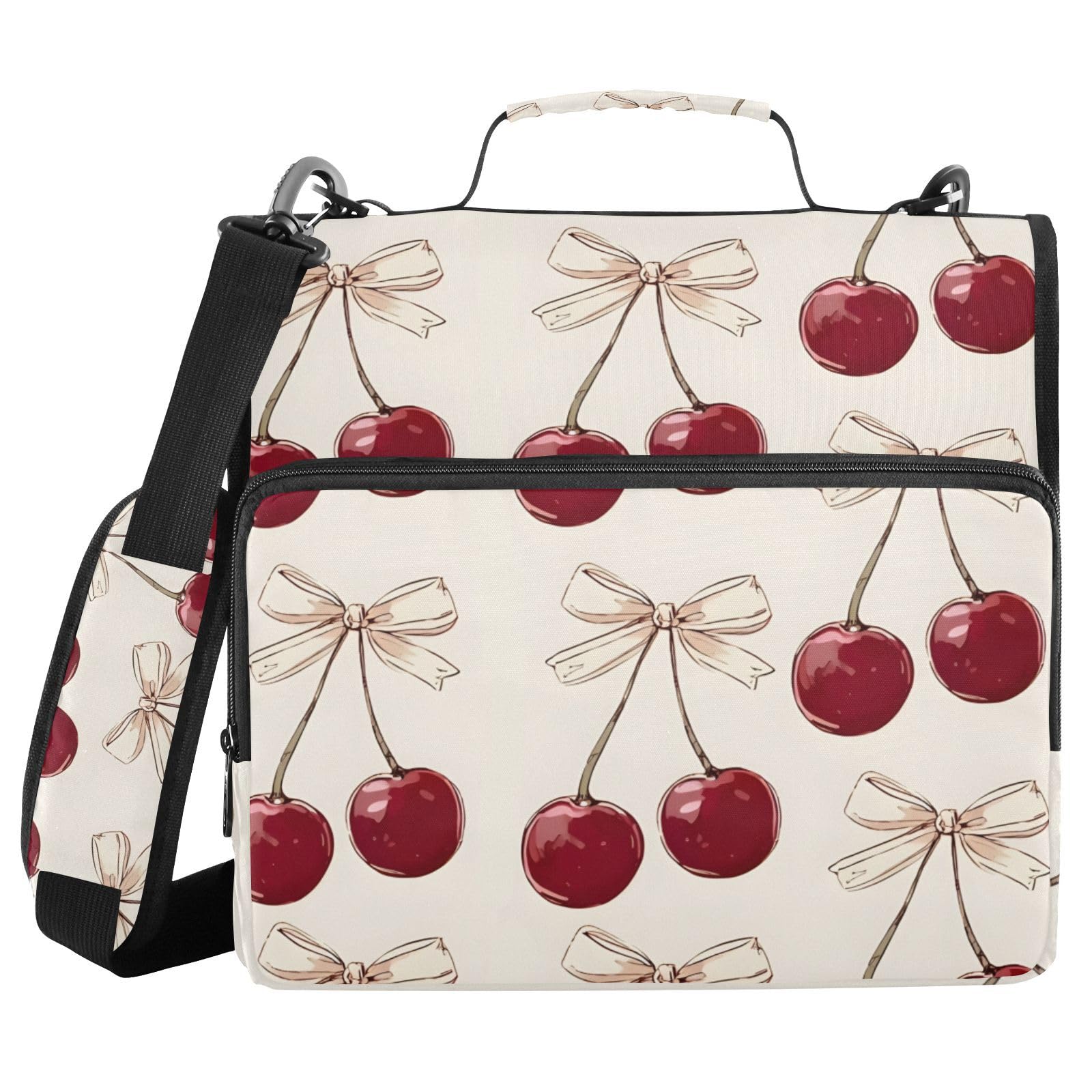 Cherry Pink Bow Cherries Zipper Binder Bag 3 Ring Binder with Shoulder Strap Zip Up 500 Sheets Capacity Multi Pockets for School Office Supplies