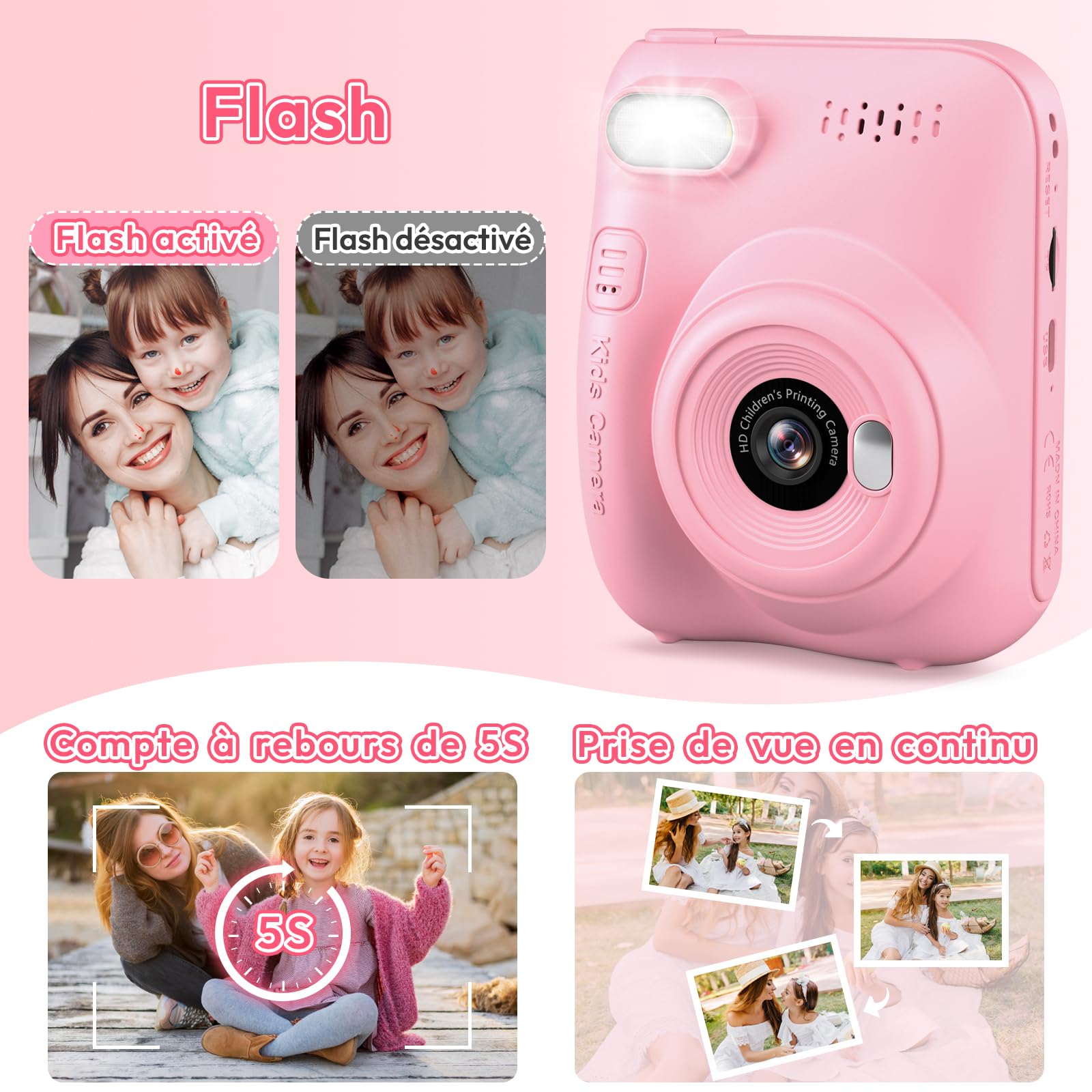 Impression Instantanée Appareil Photo Instantané Enfant 1080P - Avec Impression Thermique, 32GB Carte, Jeux - Cadeau 4-12 Ans - Violet Cadeau Anniversaire 4-12 Ans