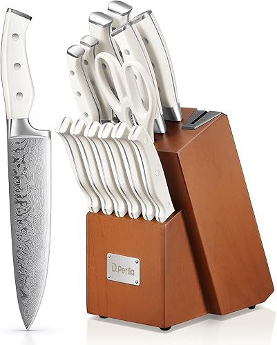 D.Perlla - Juego de cuchillos de 14 piezas con afilador, cuchillos de cocina de acero inoxidable con patrón ondulado único, mango ergonómico triple