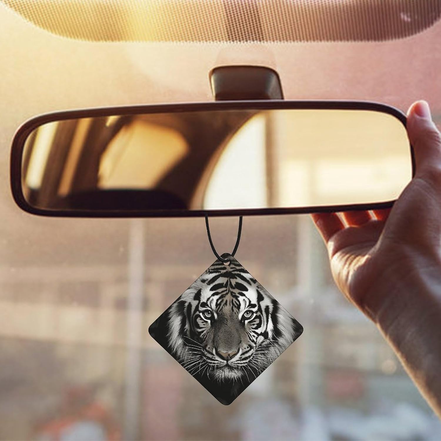 Black And White Tiger Car Air Freshener Hanging, Long Lasting Scented Car Aromatherapy Tablets, Rhombus Fragrance Scented Cards for Vehicles, Bedroom, Wardrobe Black-style image 5