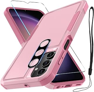 Case for Samsung Galaxy A16 5G, Full Body Heavy Duty Rugged Shockproof Protective Phone Cover with Lanyard Strap, Tempered Glass Screen Protector and Camera Lens Cover, Cute Pink