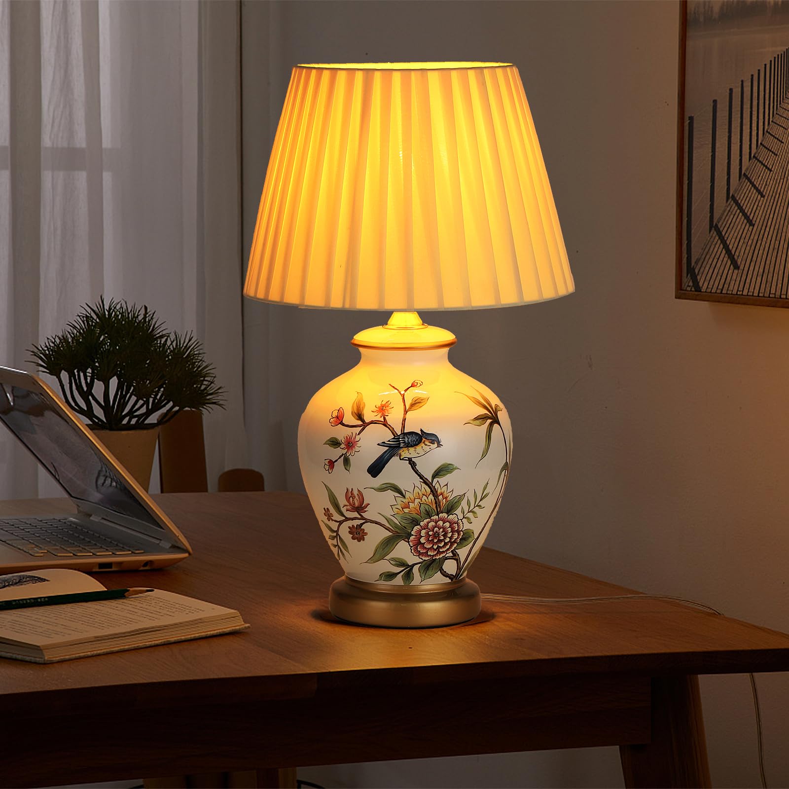 Tischlampe aus Keramik, Vintage, Nachttisch- und Wohnzimmerlampe, weißer Stoff, moderner Stil, E27, Weiß