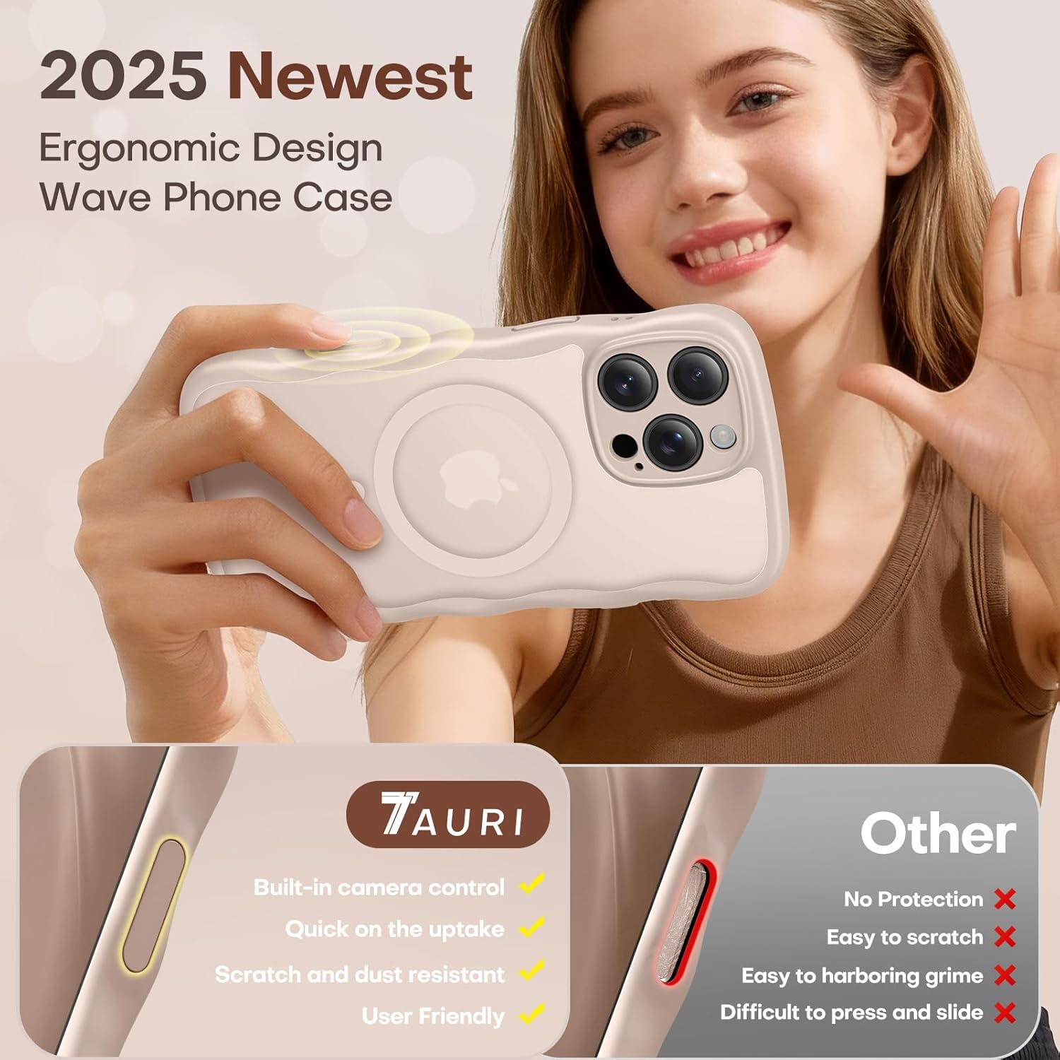 TAURI Magnetic for iPhone 16 Pro Case, Cute Wavy Design [Full Camera Protection] [Compatible with Magsafe] Anti-Slip Translucent Matte Case for iPhone 16 Pro for Women Girls, Desert - Image 4