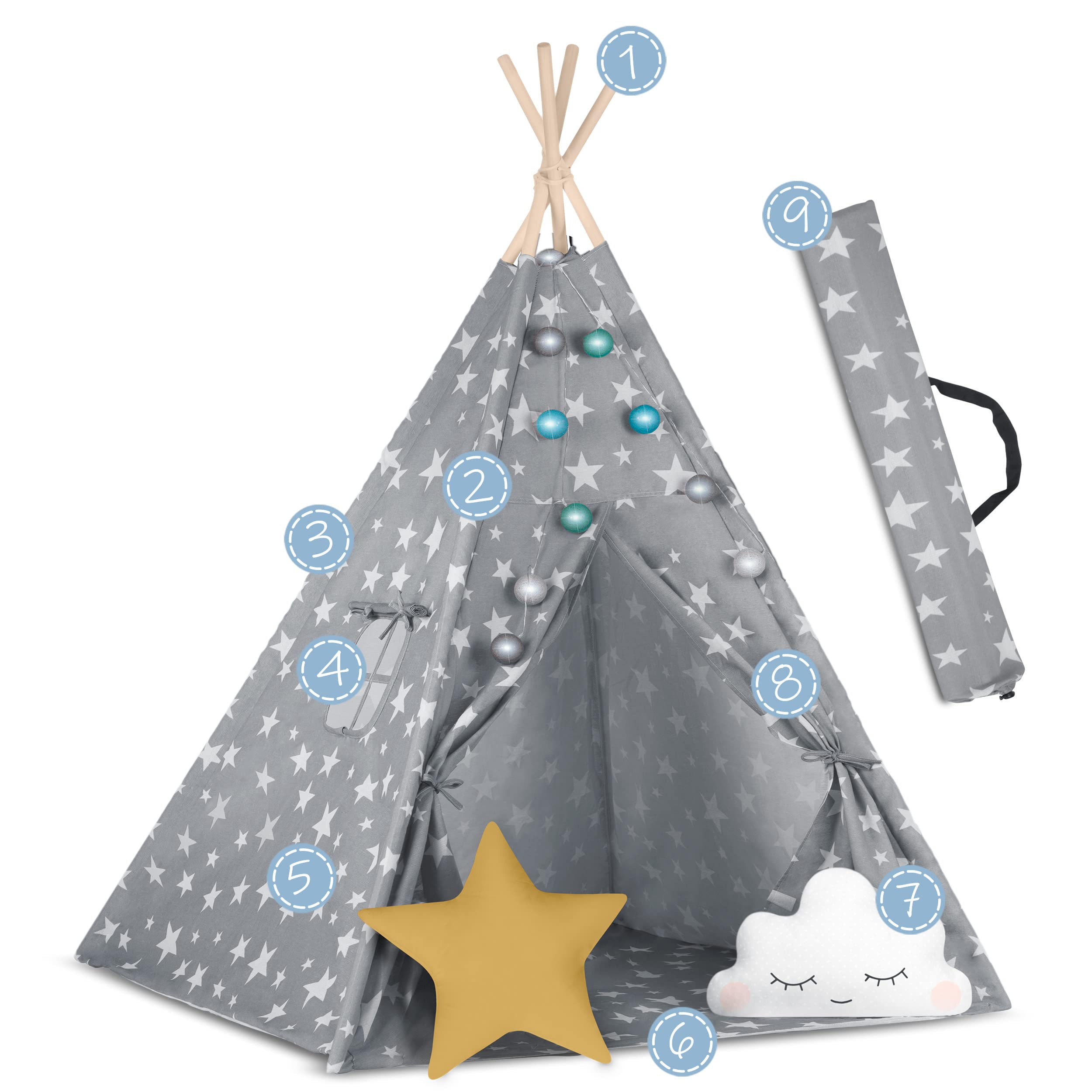 Kinder Indianer Tipi Zelt Nukido - Montessori Stil, Naturmaterialien, 2 Kissen, Bodenmatte, Lichterketten & Abdeckung inklusive - Ideal für Kinderzimmer und Gartenabenteuer