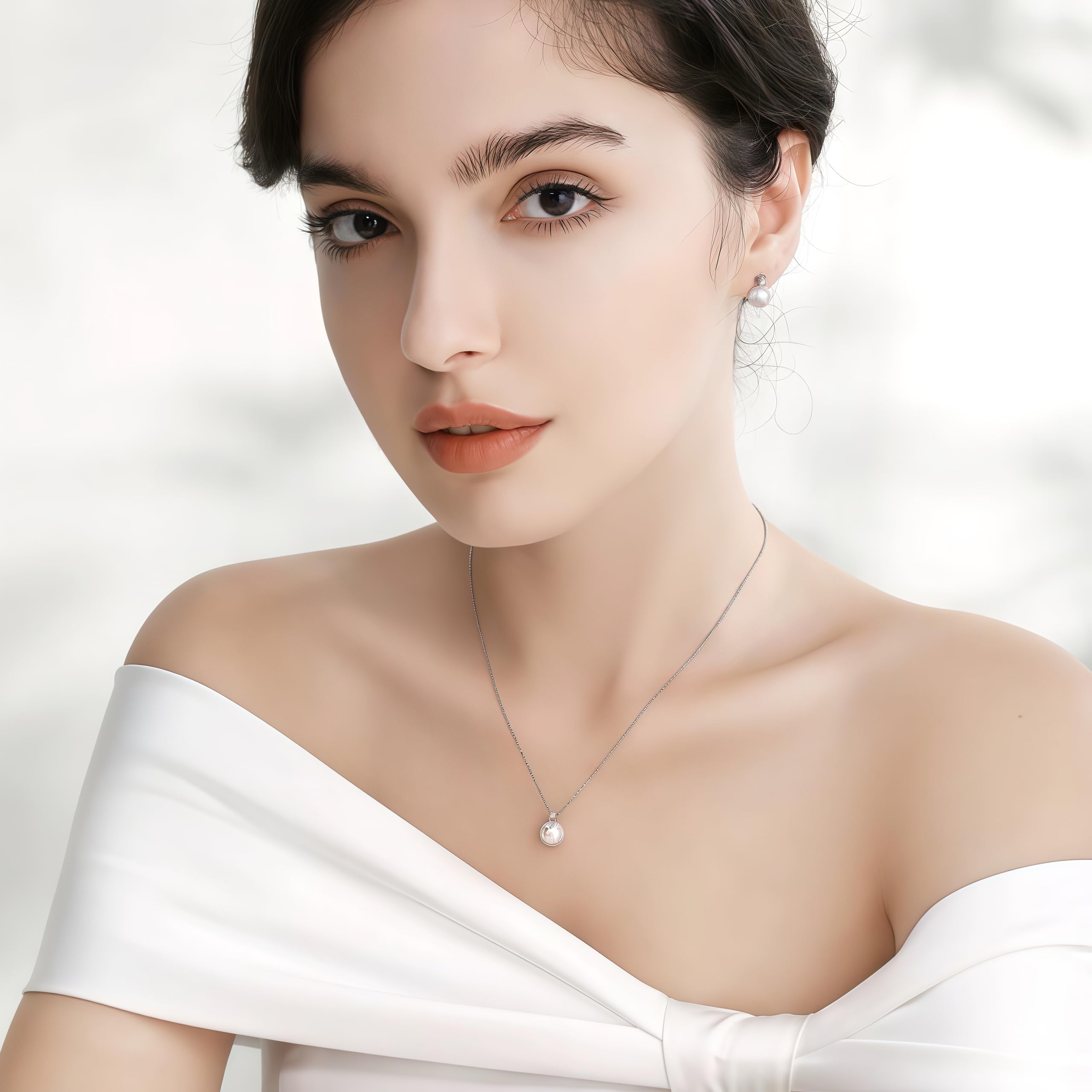 Huachan Parure de bijoux femmes 925 Sterling Silver boucles d'oreilles collier avec perles de culture d'eau douce CZ Bridal Wedding gift