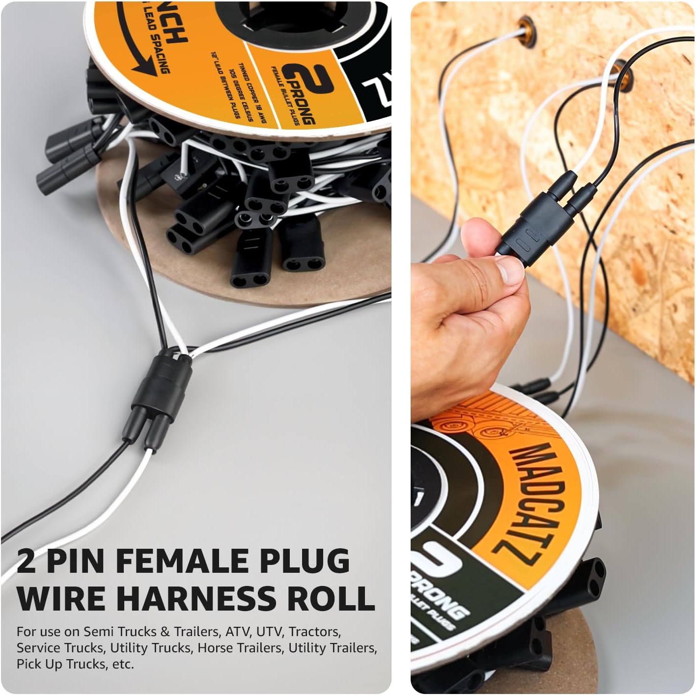 MADCATZ 100 Pack 2-Prong Double Female Bullet Plug 12” Spacing Harness Roll – 18 AWG with More Spacing with 12-Inch Leads Between Plugs, Fits Truck Trailer Clearance Lights