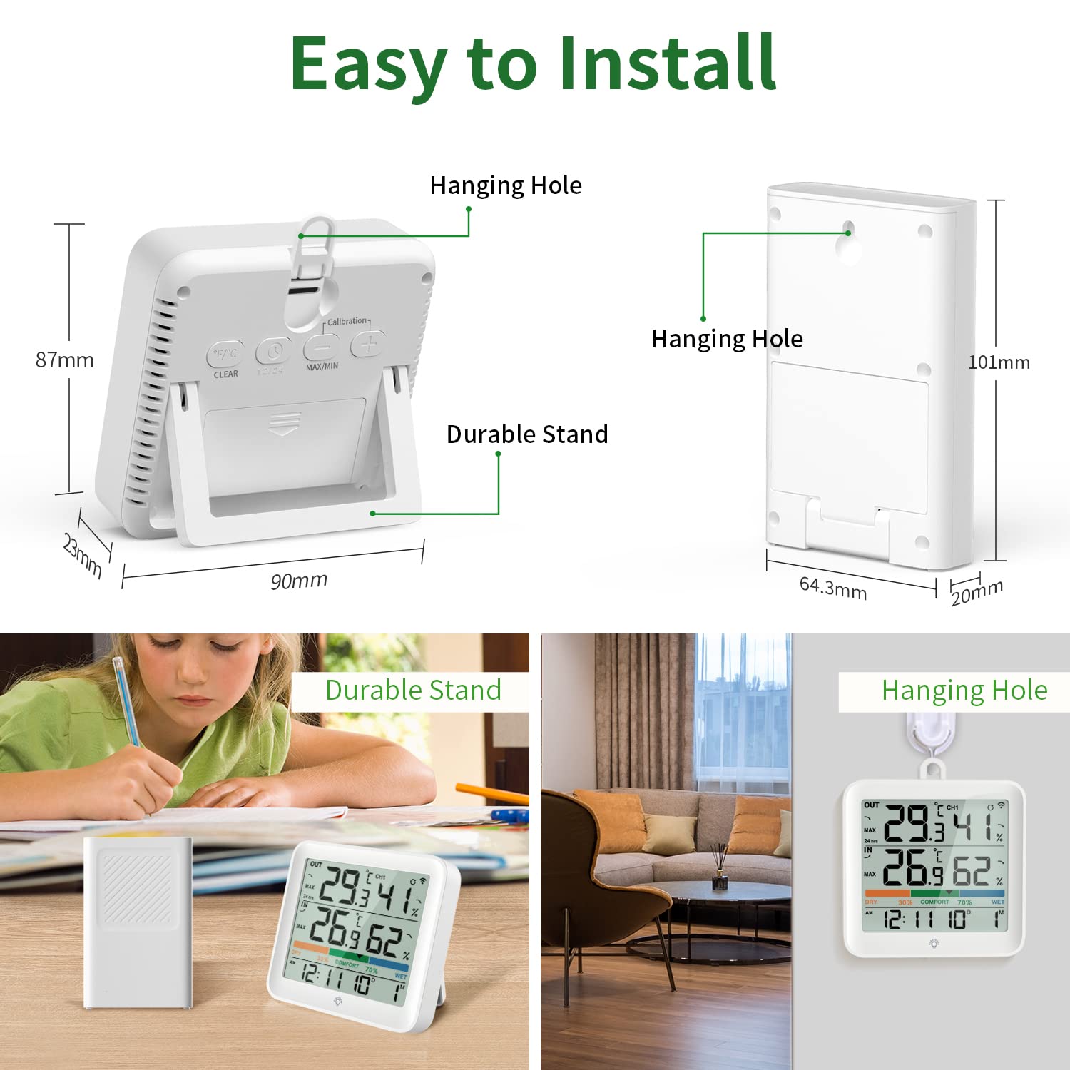 VOCOO Termometro Igrometro Wireless Digitale per Interno Esterno,Monitor di umidità Misuratore di Temperatura e Umidità con 1 Sensori Remoti,Retroilluminazione, Icona Comfort Tendenza, 100m Range