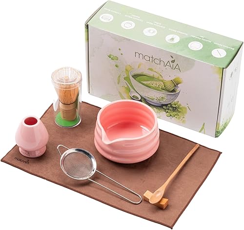 Juego de batidor de matcha, cuenco de cerámica, batidor de bambú con soporte, tamiz, cuchara Schima, soporte para cuchara y toalla de té, kit