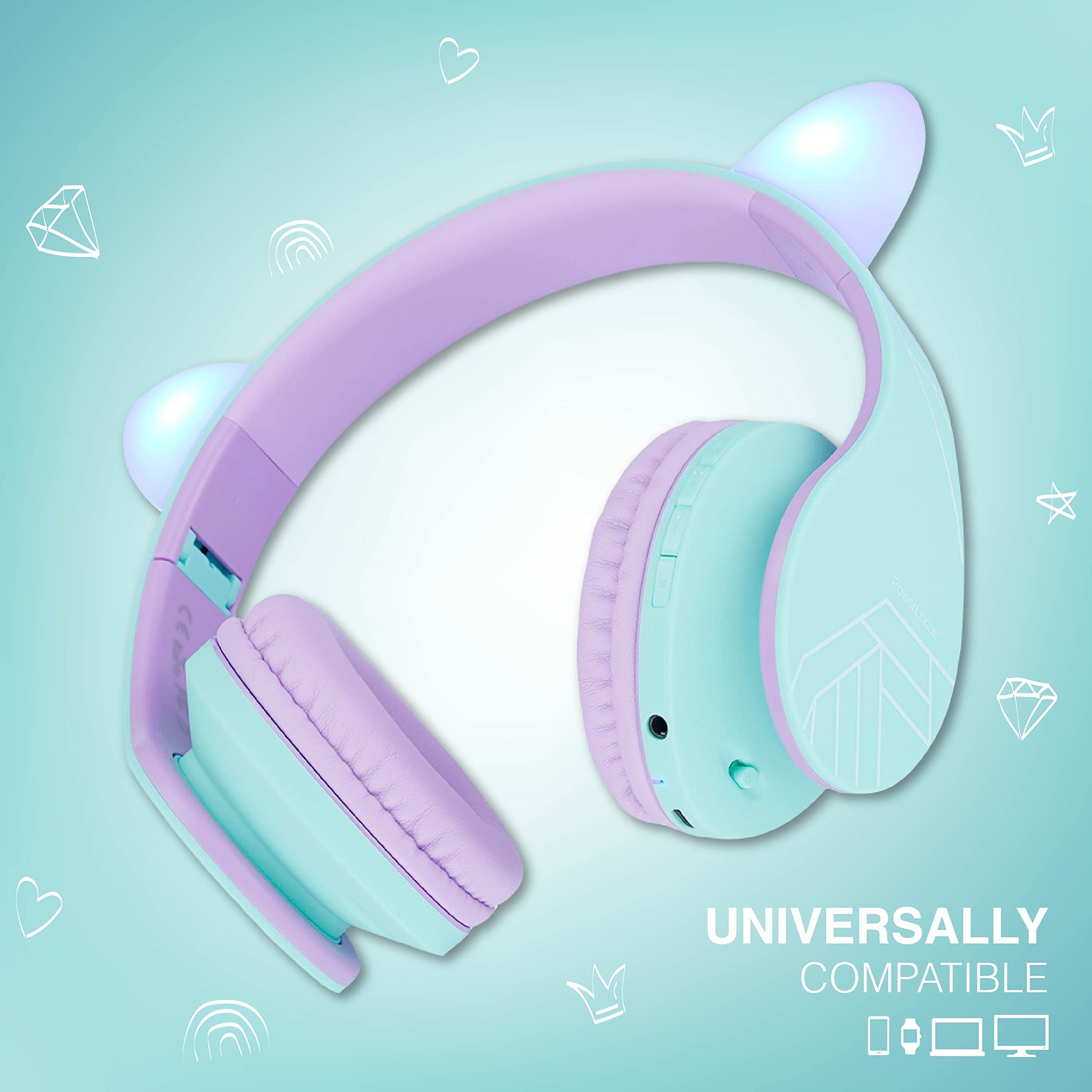 PowerLocus Dziecięce słuchawki douszne, Bluetooth z ograniczeniem głośności 85 dB, składane, z torbą do noszenia, bezprzewodowe słuchawki nauszne i kabel z mikrofonem, trybem micro SD do telefonu