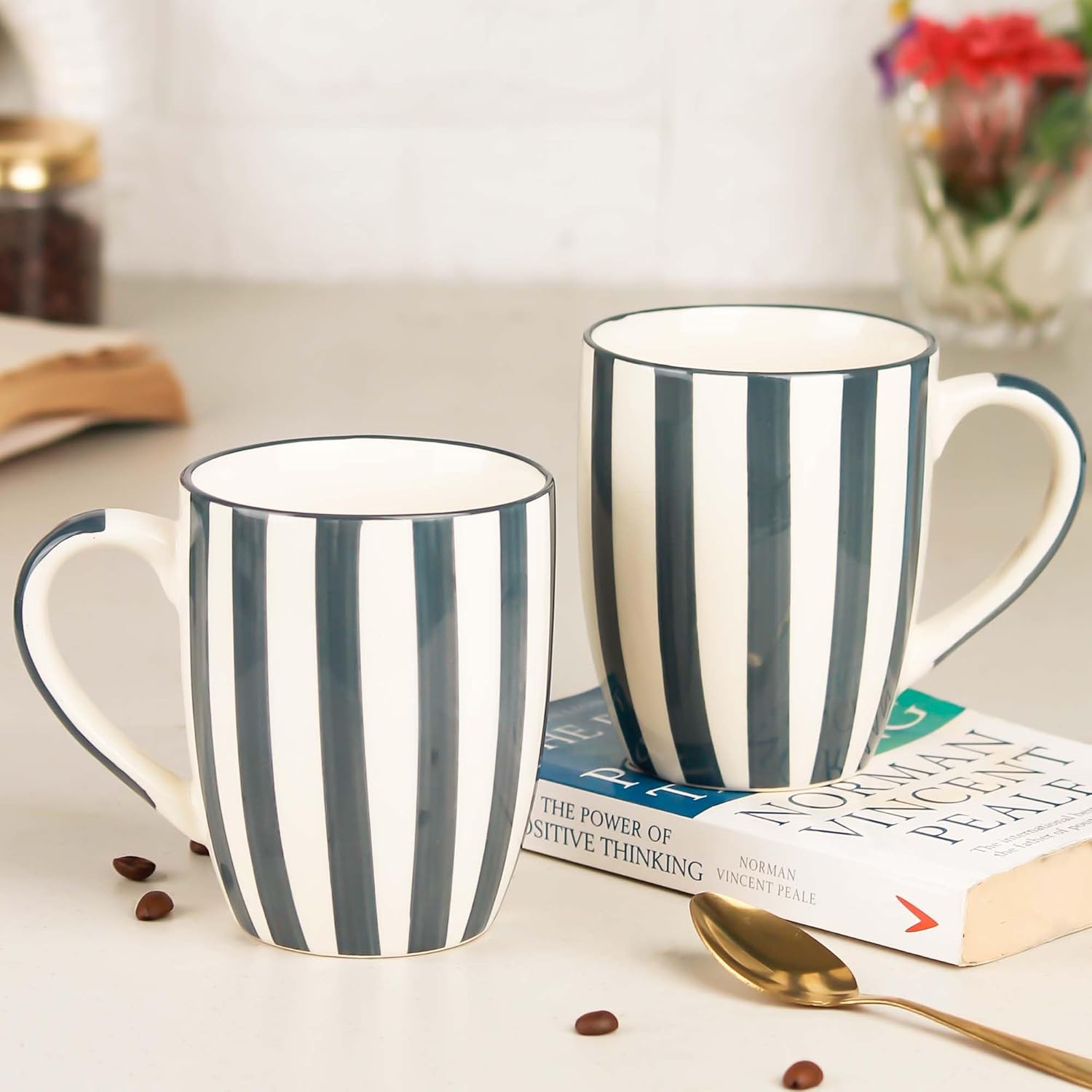 The Earth Store Grey Stripe Coffee Mug – 420ml Each Capacity, Microwave and Dishwasher Safe, Ceramic Coffee Mugs Set of 2 for Every Occasion