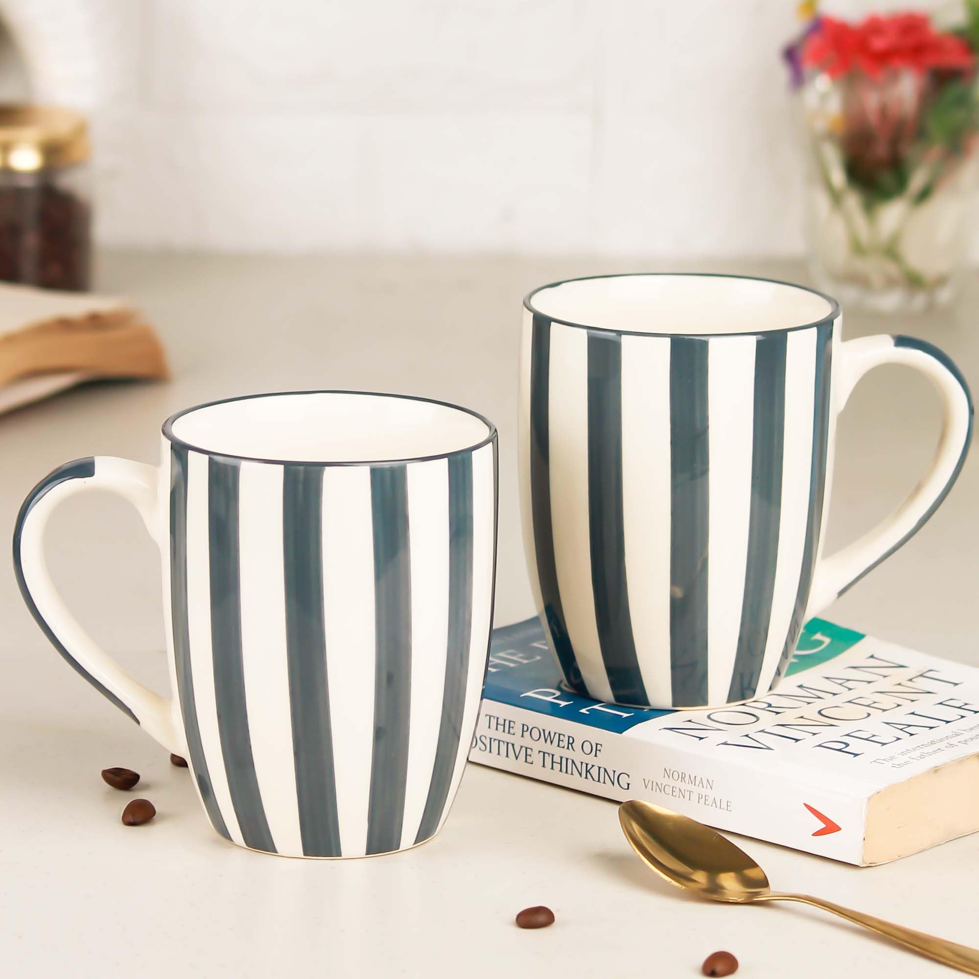 The Earth Store Grey Stripe Coffee Mug - 420ml Each Capacity, Microwave and Dishwasher Safe, Ceramic Coffee Mug for Every Occasion (Set of 2)