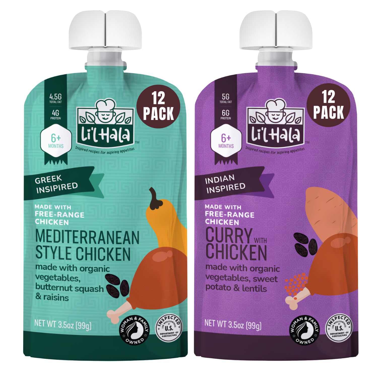 Li’l Hala Baby Food Pouches - 2 Flavors (24 Total) – Curry & Mediterranean – Free-Range Chicken & Organic Veggies – Protein & Healthy Fats – Toddler Puree Meals for 6+ Months – 3.5 oz Pouches