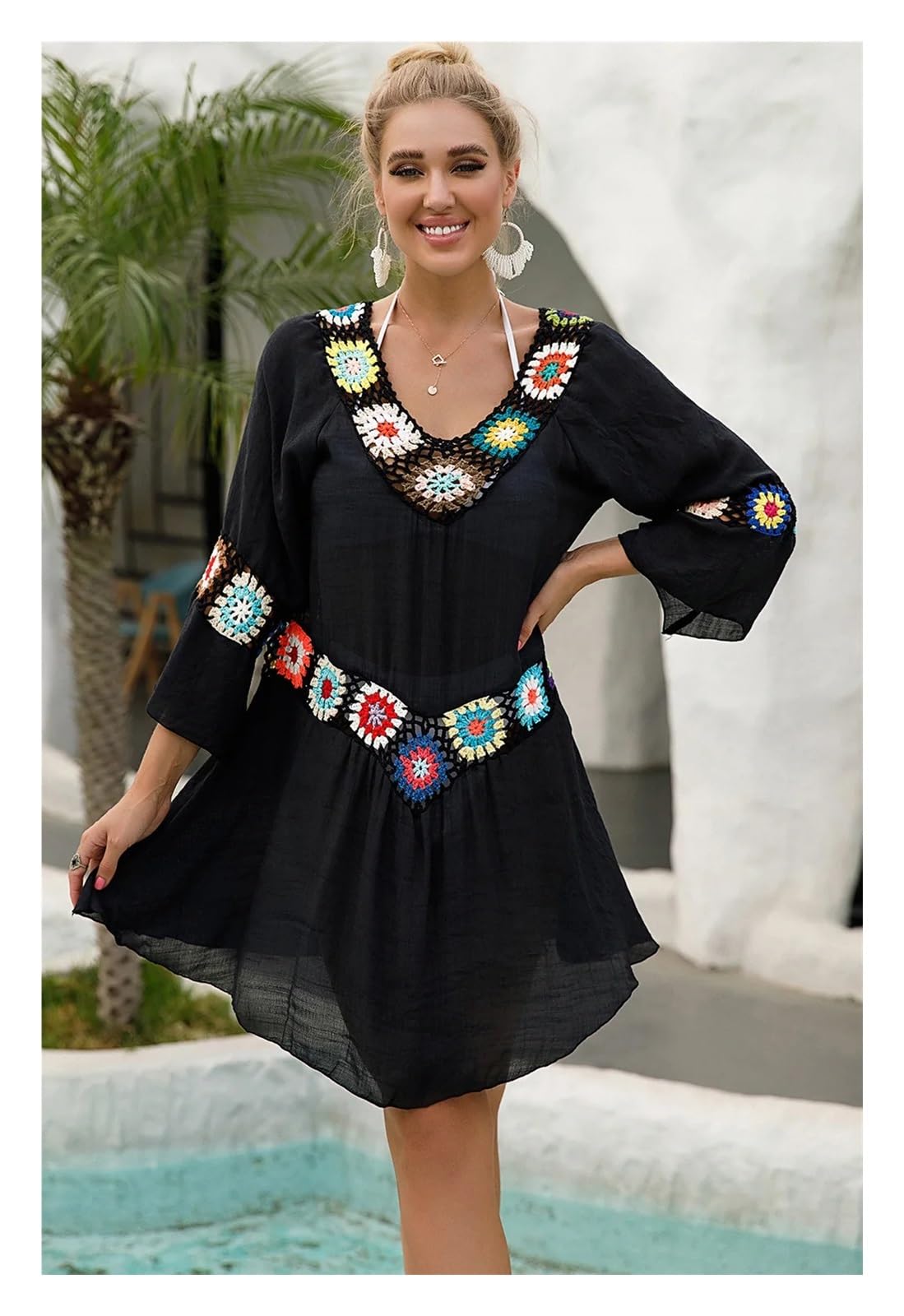 Bikini Cover Ups Damen Strandkleid Strandkleider Strandponcho Strandkleid Strandponcho Strandkleid Strandponcho(Black)