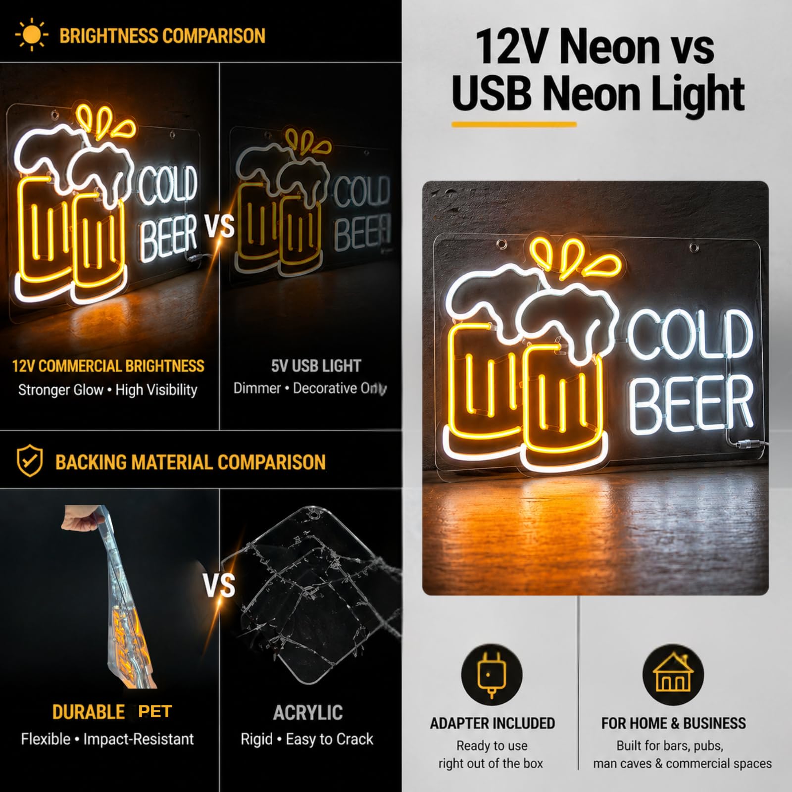 Letrero de neón de cerveza fría para bar de negocios y hogar, luz LED de PET flexible y duradera para pub, cueva de hombre, garaje, regalo único para hombres, padres, propietarios de bares o clubes
