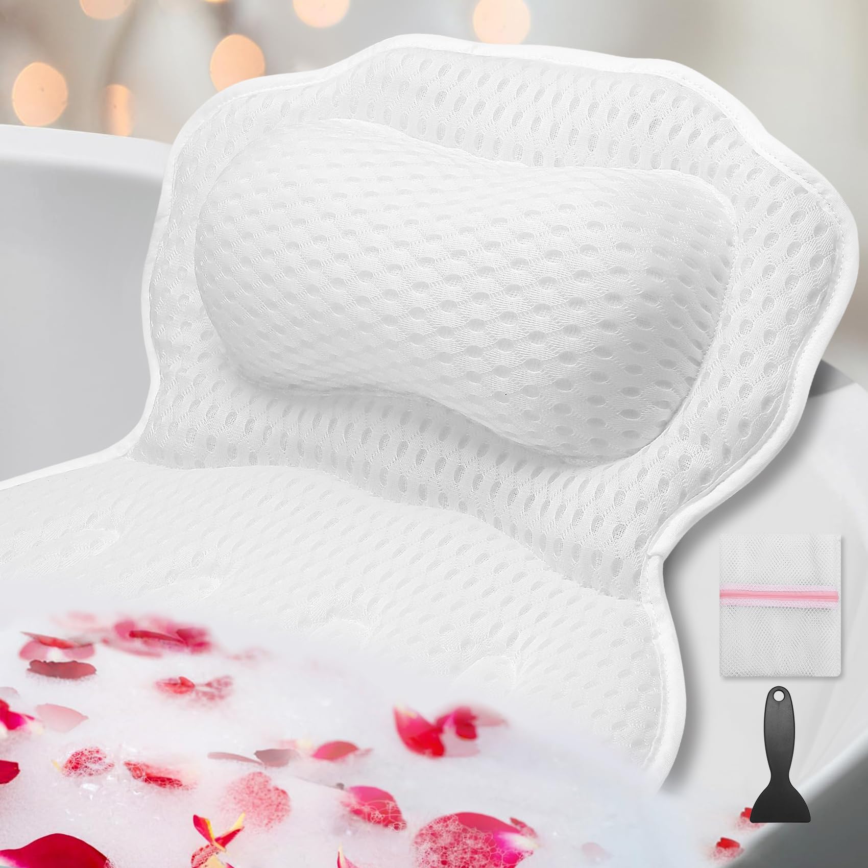 Tsudoku White Pillow 4D Ergonomic Bath Pillow Neck And Back Support Bath Cushion Air Mesh Technology Bath Headrest Pillow Bath With Strong Suction Cups Fits All Bathtub, Relaxing Bath Accessories Spa Gifts