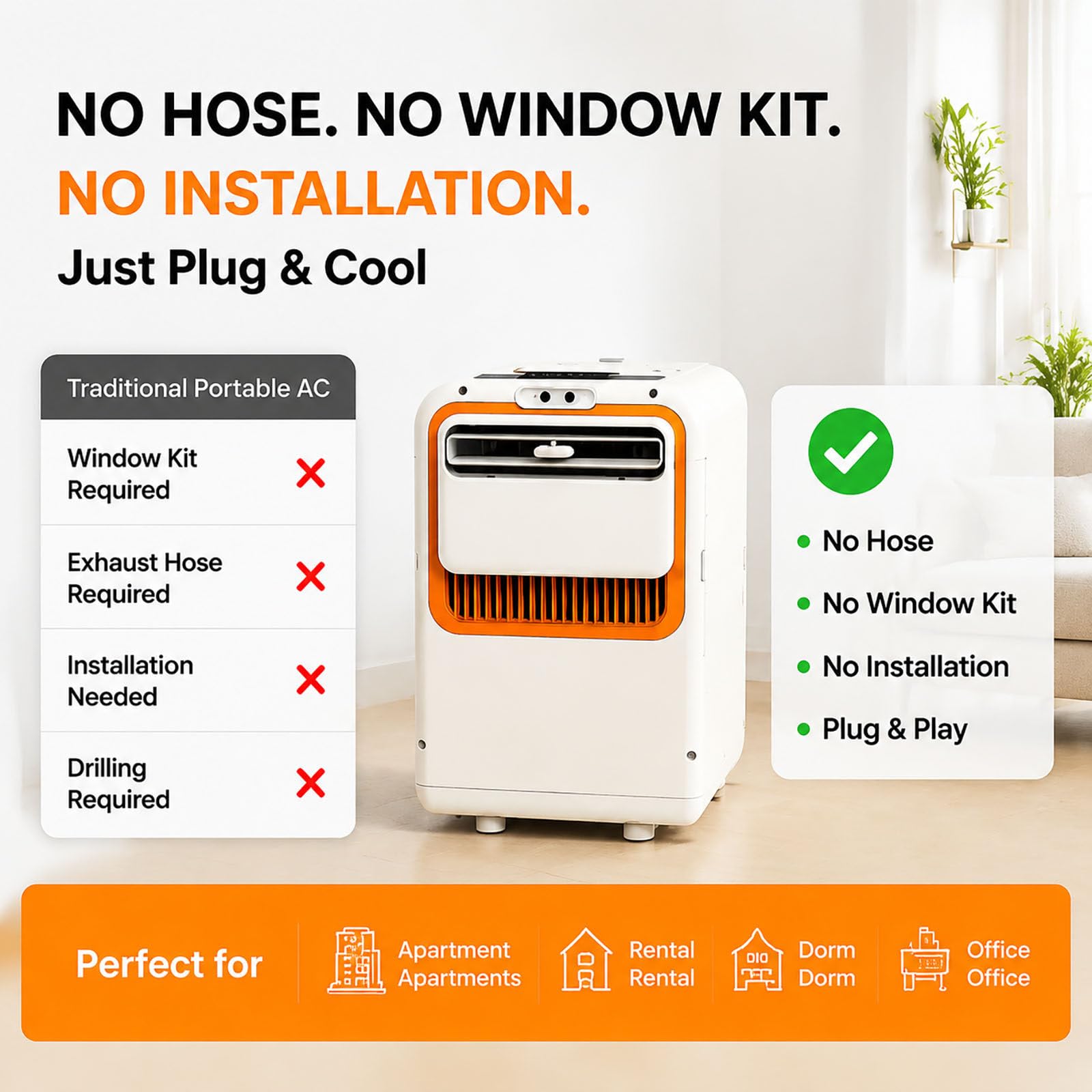 Condizionatore Portatile 6800 BTU (Modello 2026), Senza Tubo di Scarico, modalità Notte silenziosa 30 Db, 3 in 1: Raffreddamento, nebulizzazione e deumidificazione, per Camera, Ufficio