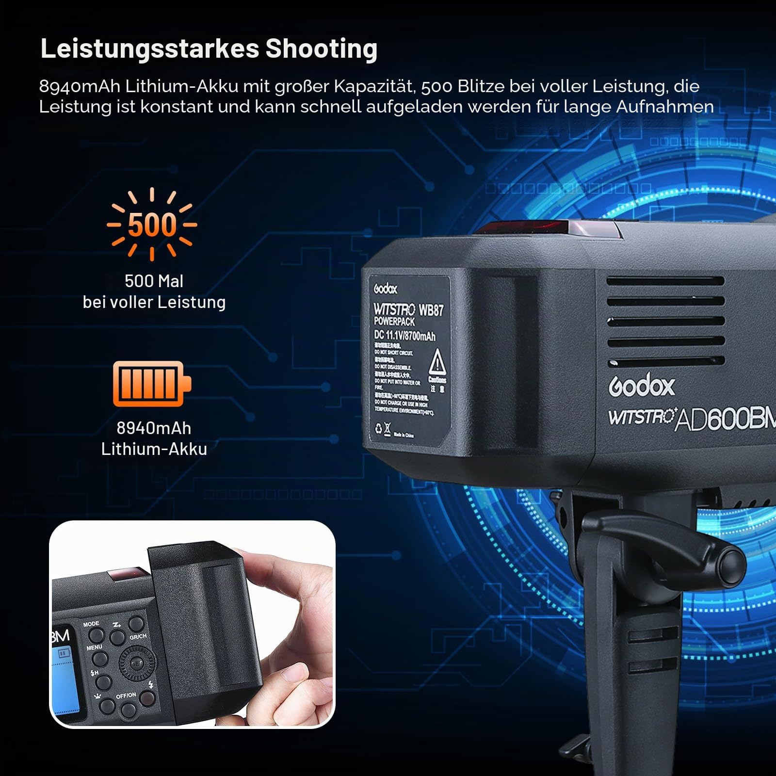 Godox AD600BM Bowens Mount Flash, 2.4G Wireless Outdoor Flash Strobe Light, GN87 600Ws Flash Monolight, 8700mAh Rechargeable Battery, Provide 500 Full Power Flashes, Recycle in 0.01-2.5s