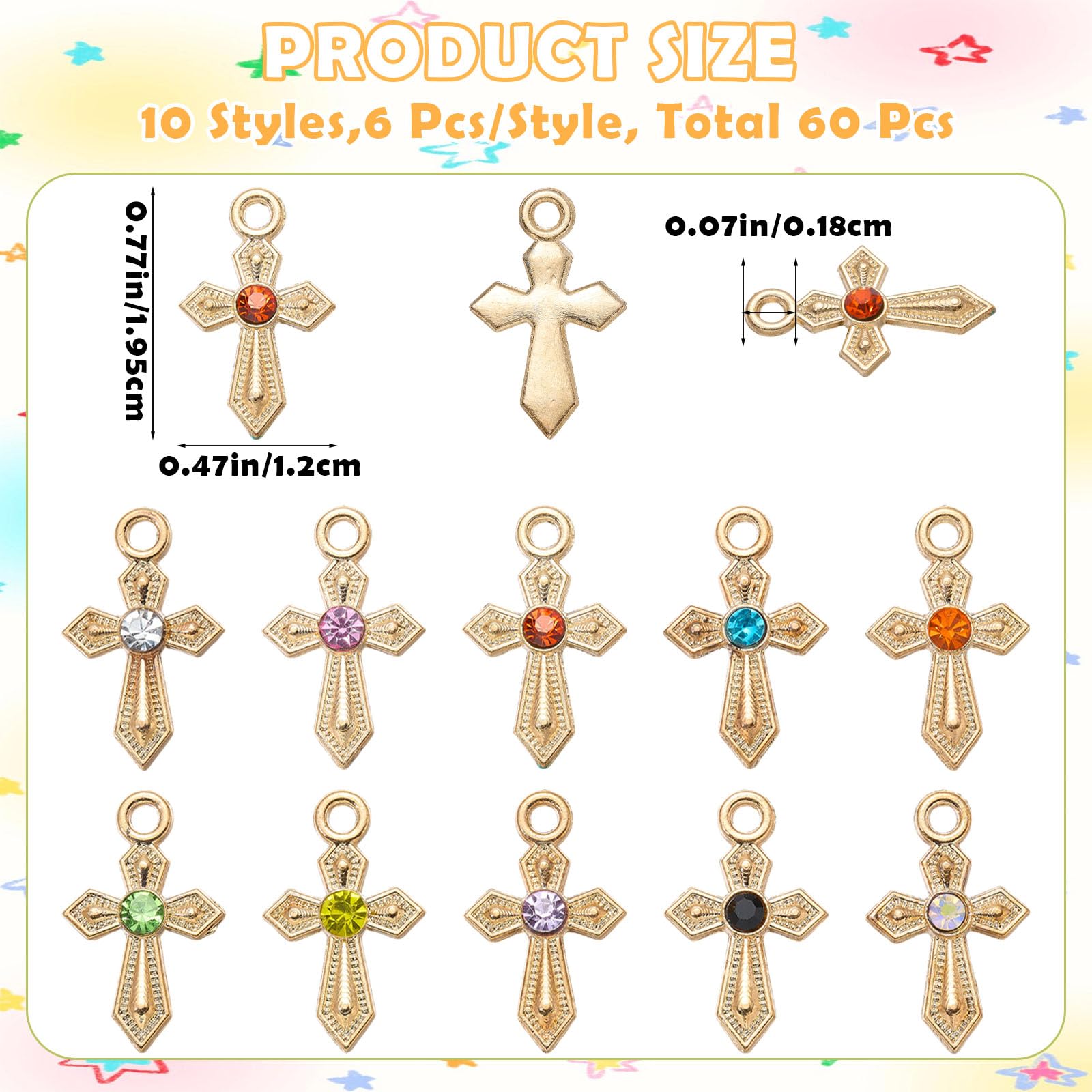 60 ciondoli a forma di croce dorata per bracciali, piccoli ciondoli con strass, in lega, ciondoli religiosi per collane, orecchini, accessori per gioielli