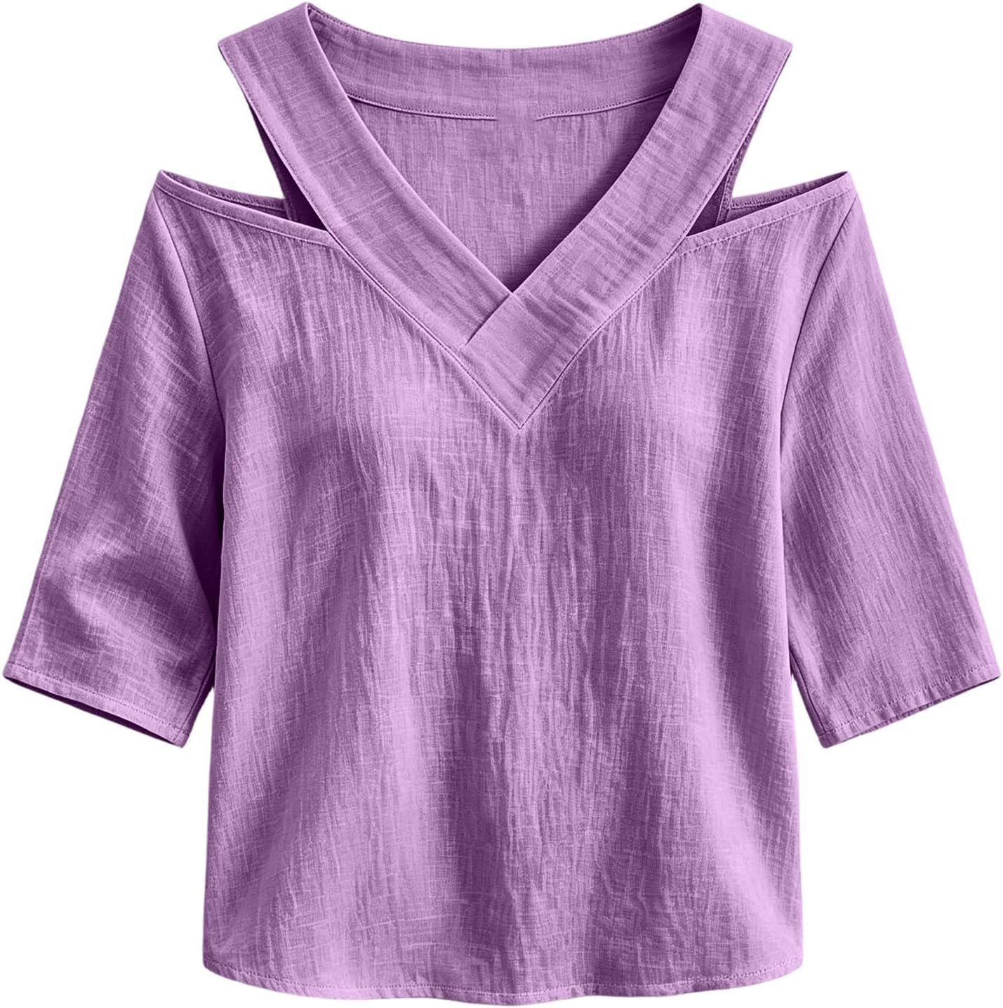 Womens Cold Shoulder Tops V Neck Half Sleeve Casual Blouses | Sexy Cutout Shirts, Lightweight Textured Fabric, Flattering Relaxed Fit, Summer Evening Wear, Date Night Outfits
